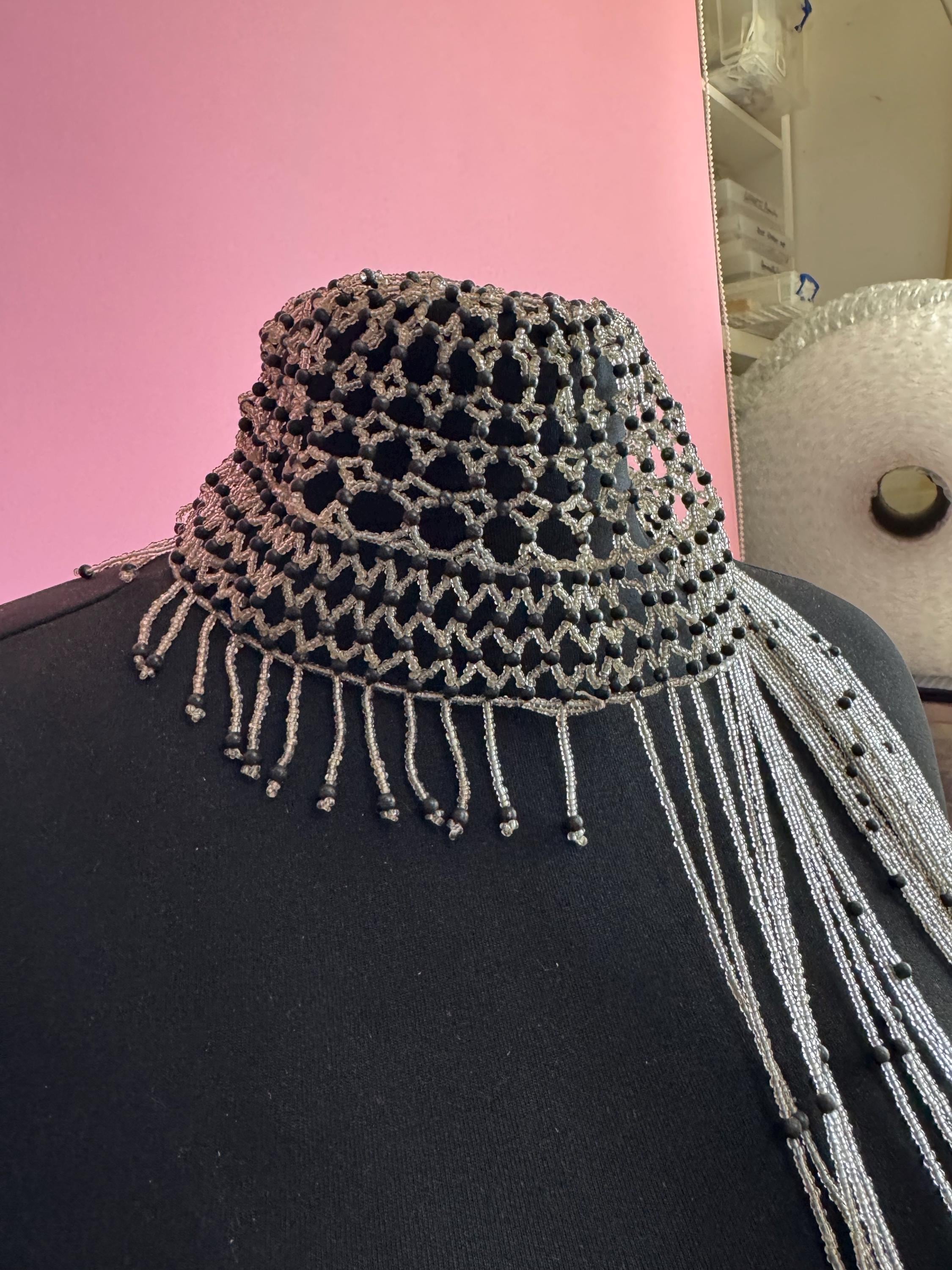 Vintage silver and black head piece bead cloche headress, glass seed beads