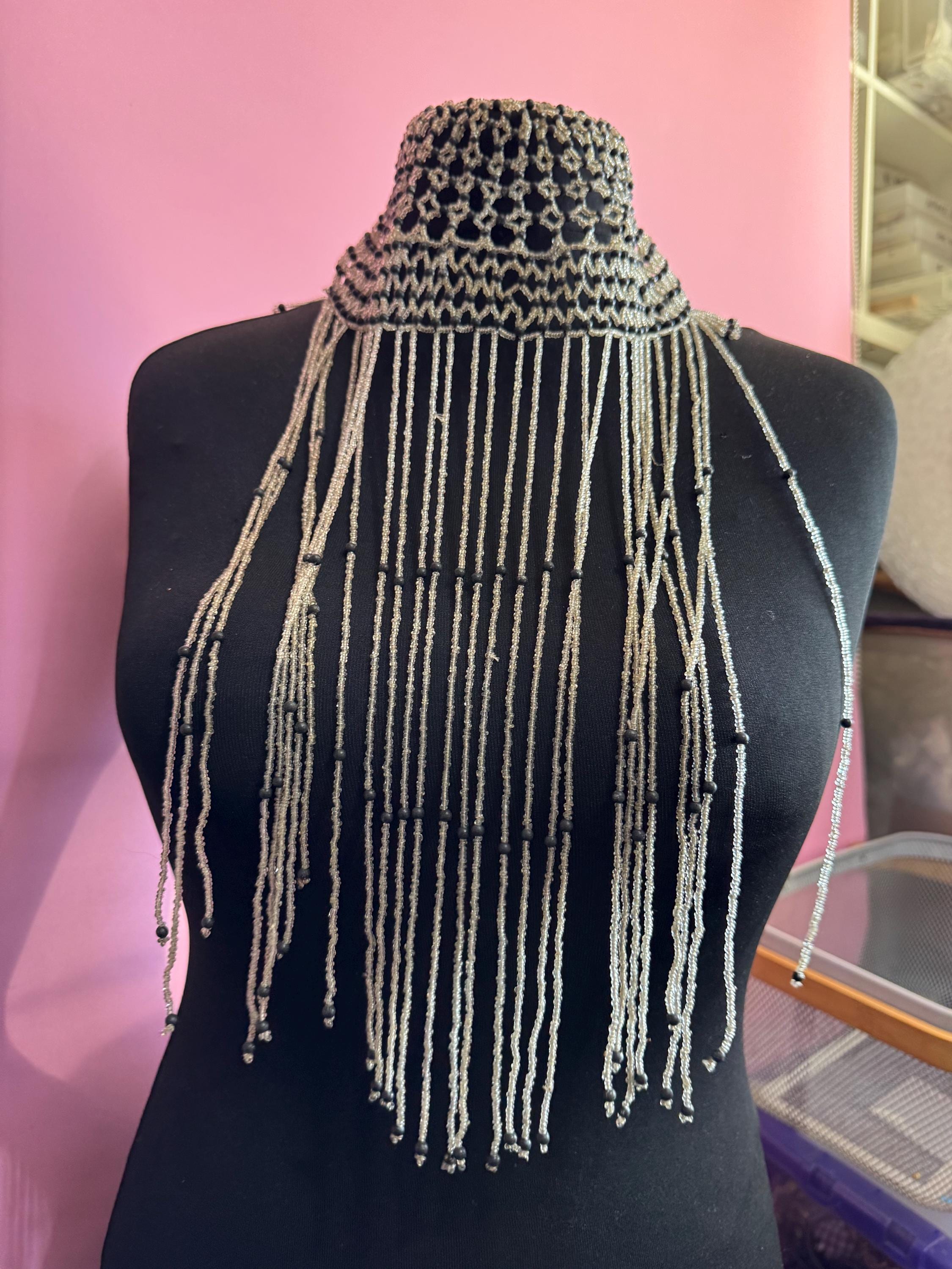 Vintage silver and black head piece bead cloche headress, glass seed beads