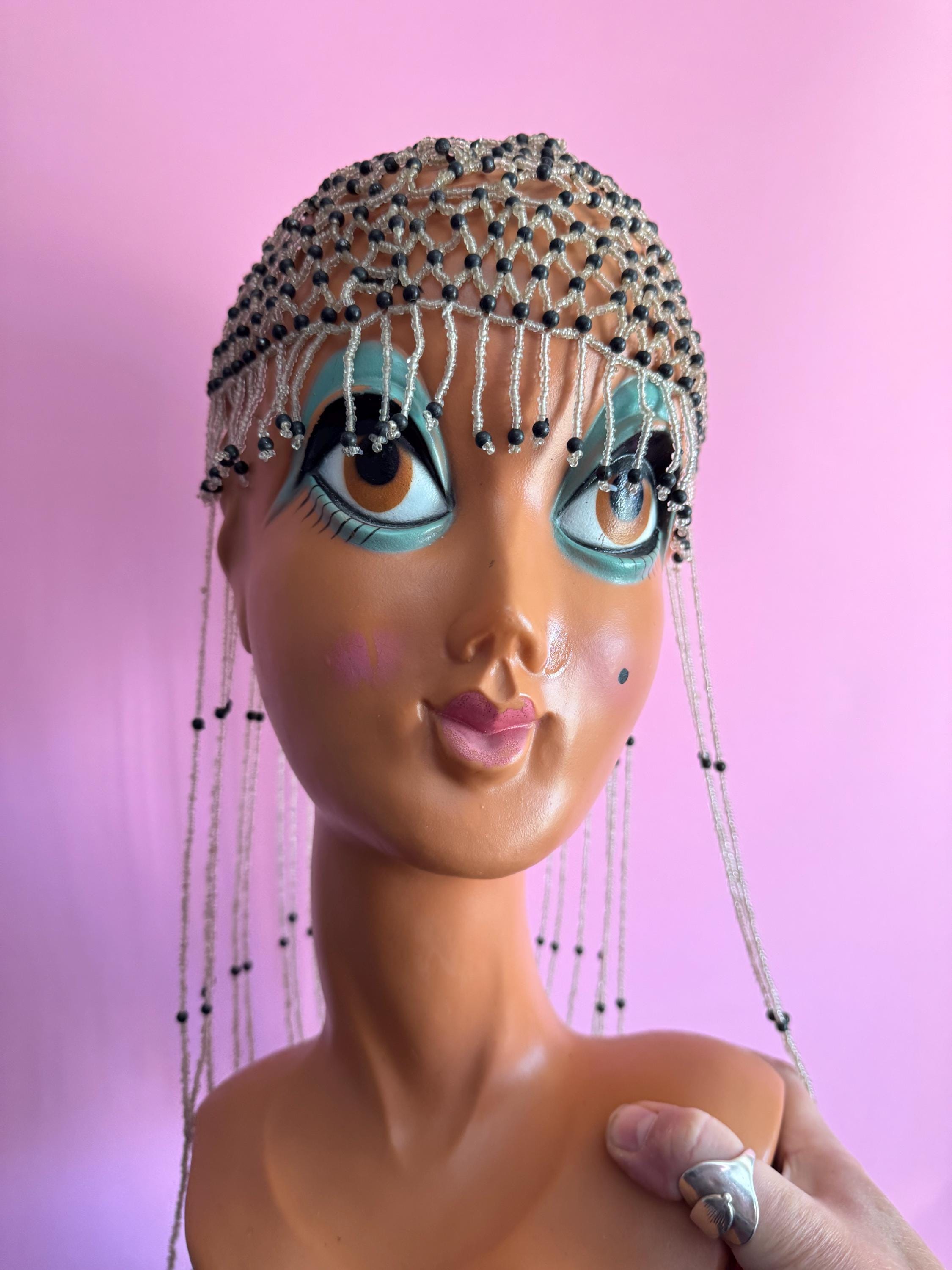 Vintage silver and black head piece bead cloche headress, glass seed beads