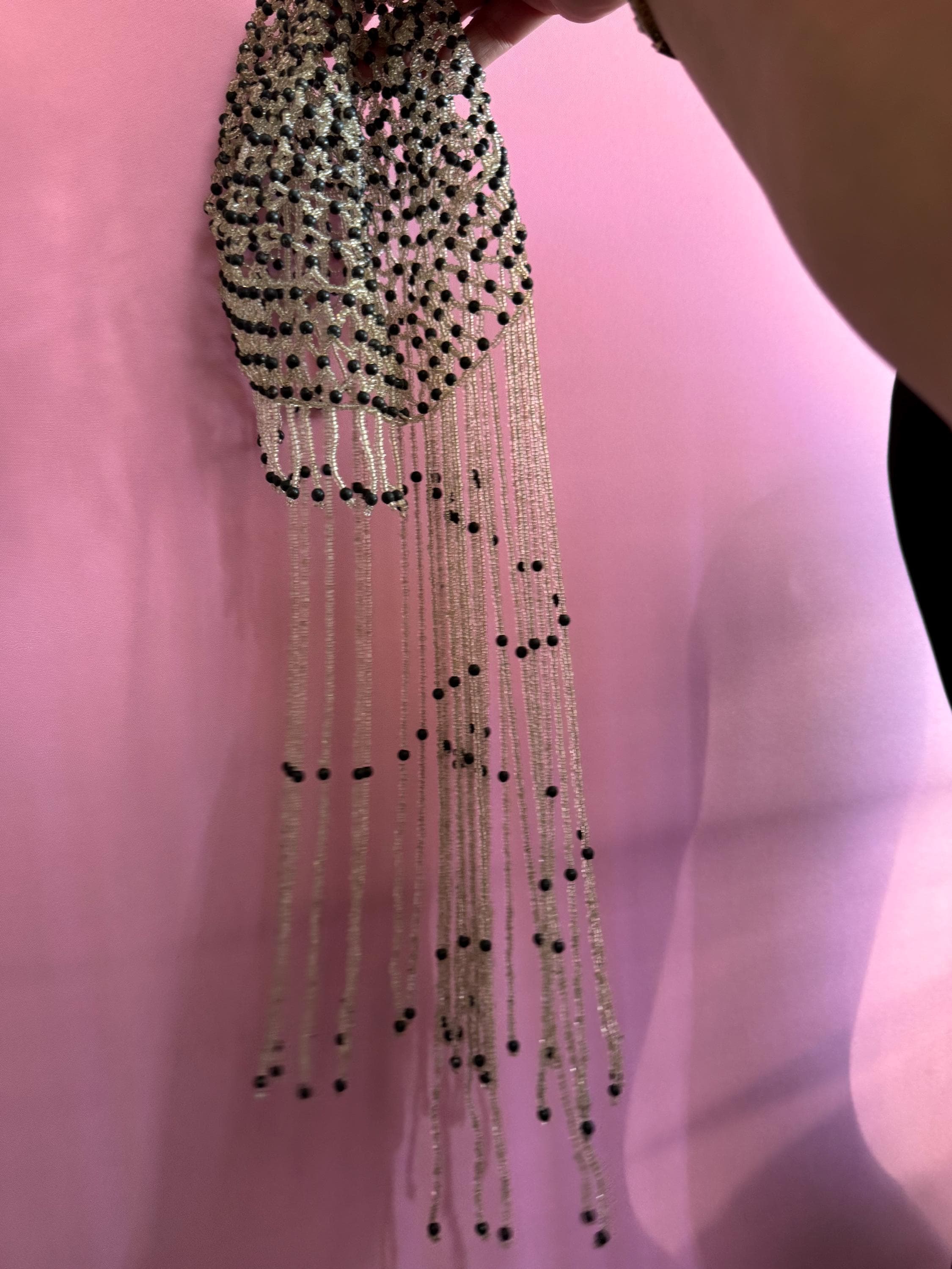 Vintage silver and black head piece bead cloche headress, glass seed beads