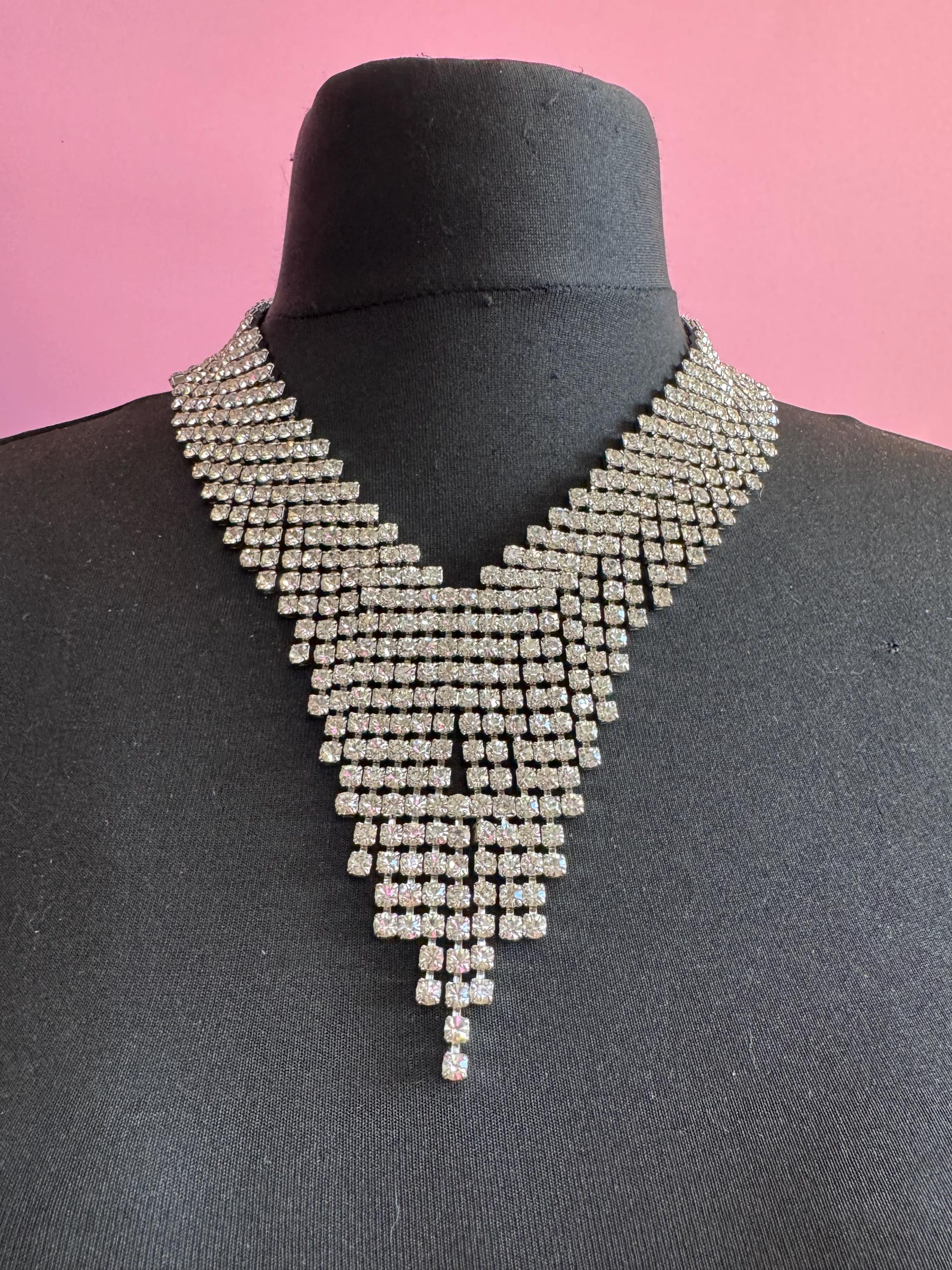Rhinestone Fringed Bib Choker Necklace, Party Wear (48cm)