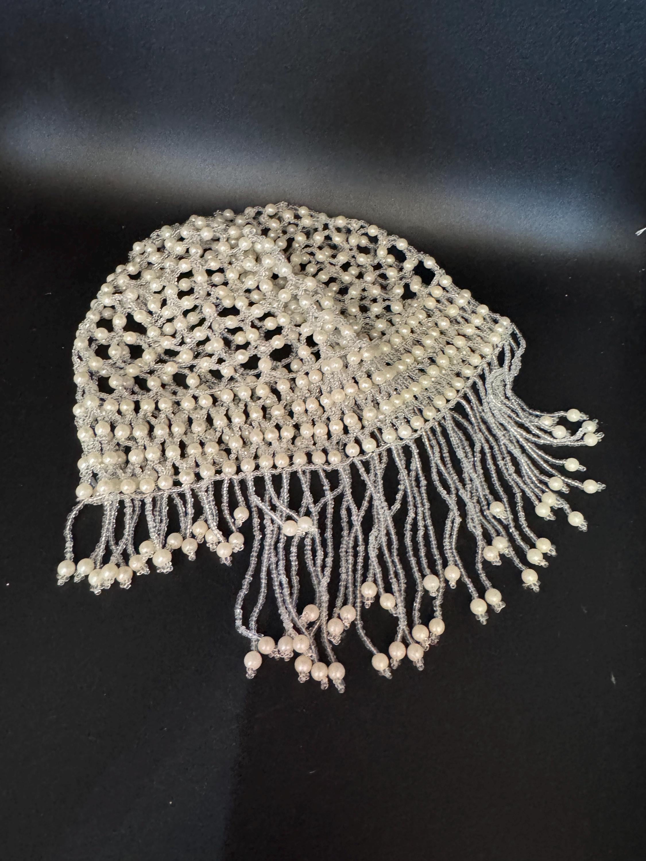 Pearl beaded head piece bead cloche headress, glass seed beads