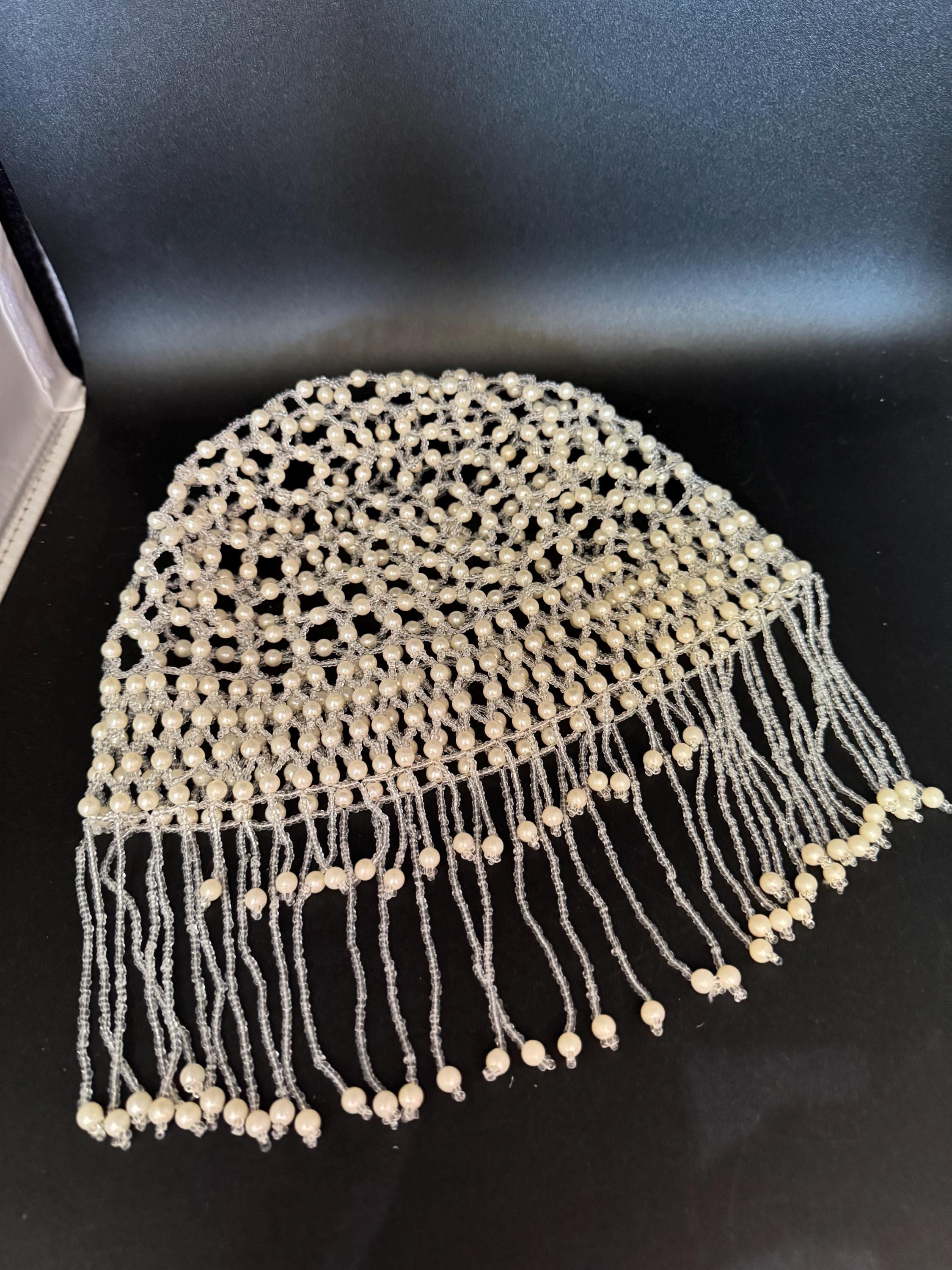 Pearl beaded head piece bead cloche headress, glass seed beads