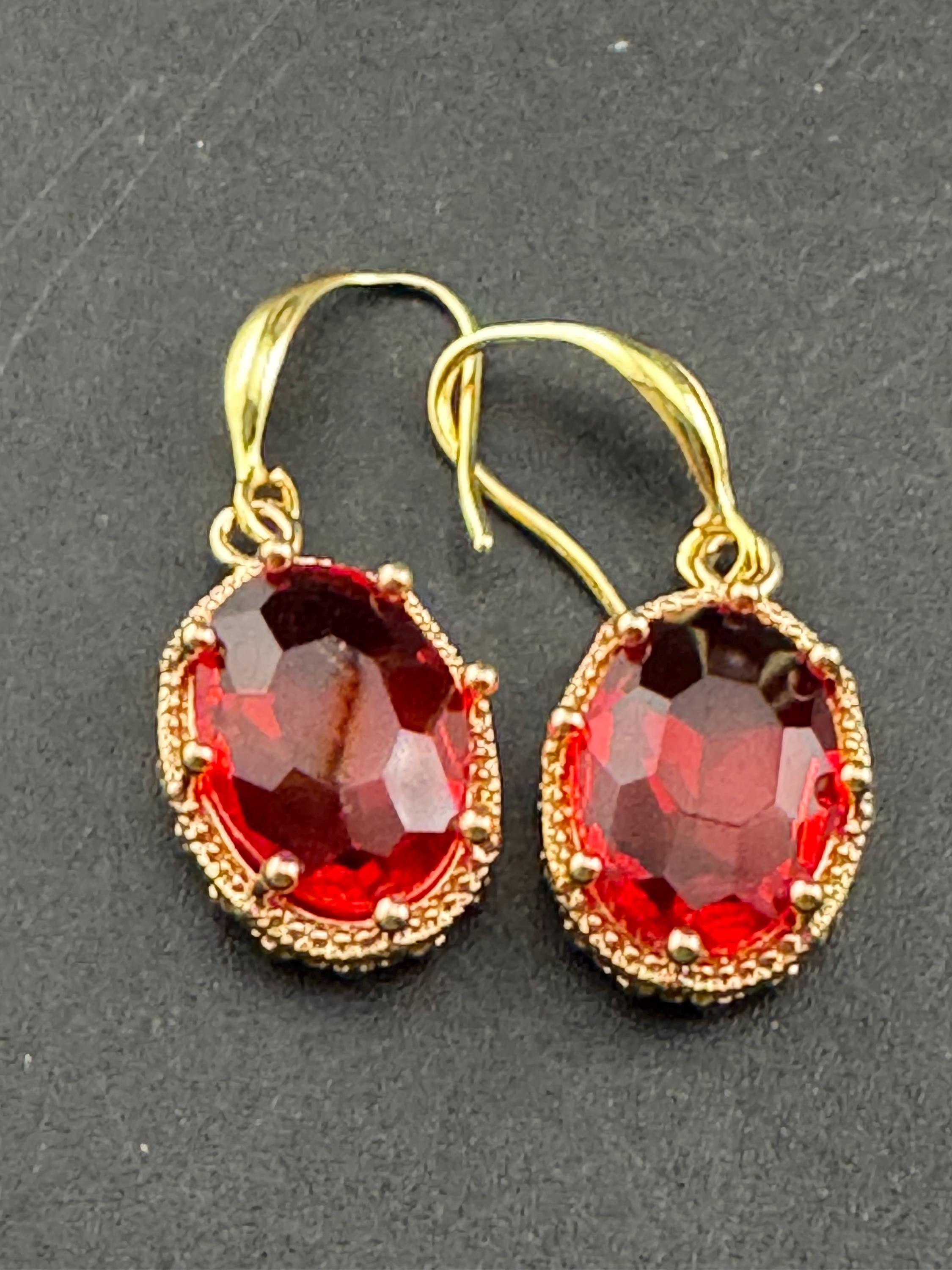 18k GP Ruby red crystal diamanté drop earrings