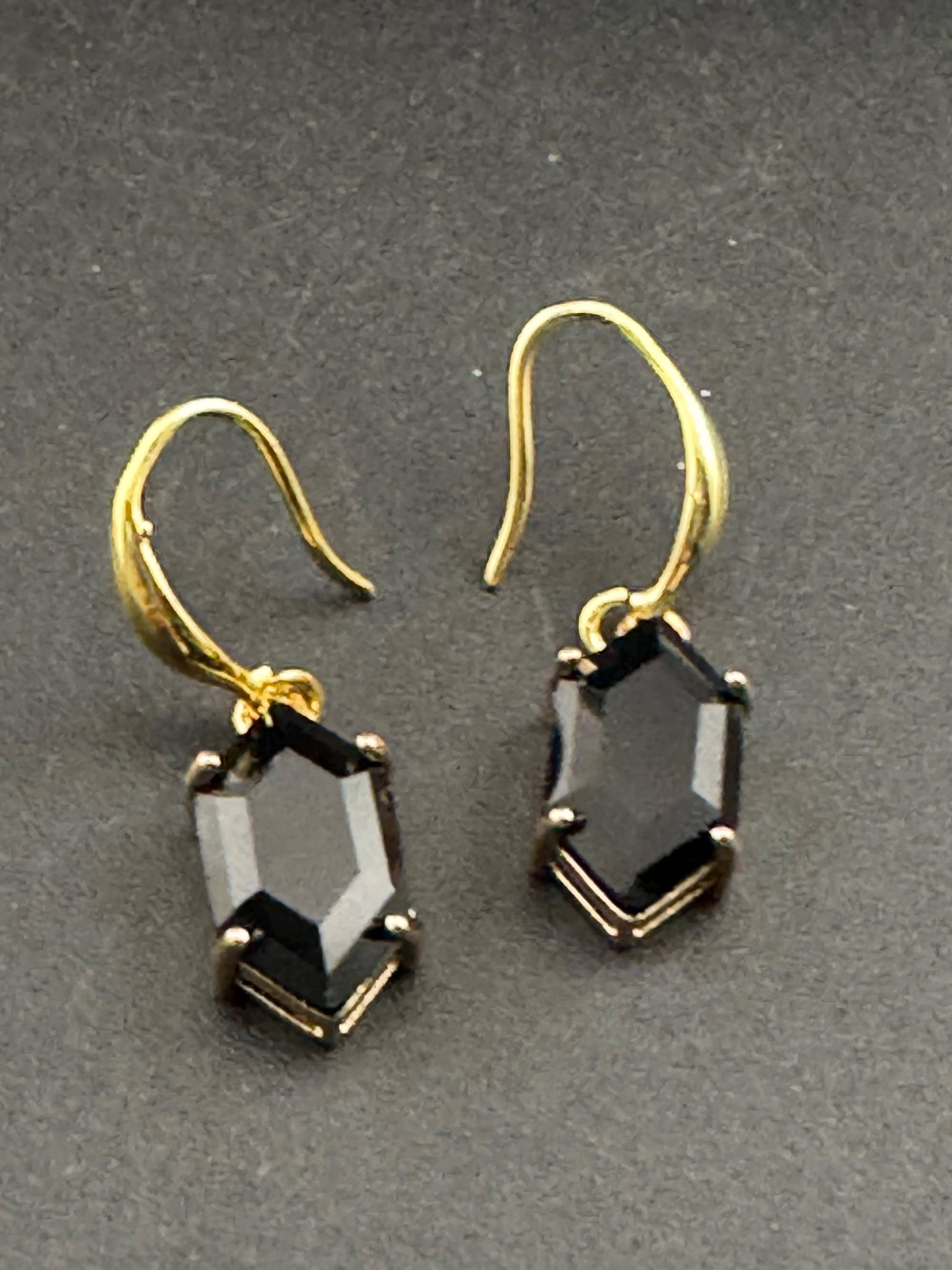 18k GP black crystal diamanté drop earrings, hexagon