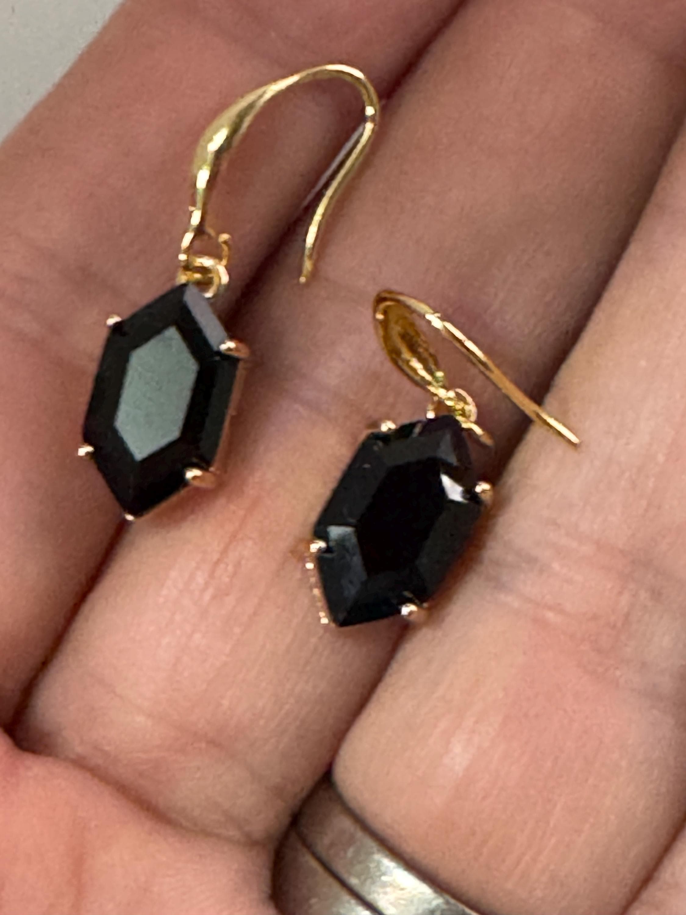 18k GP black crystal diamanté drop earrings, hexagon