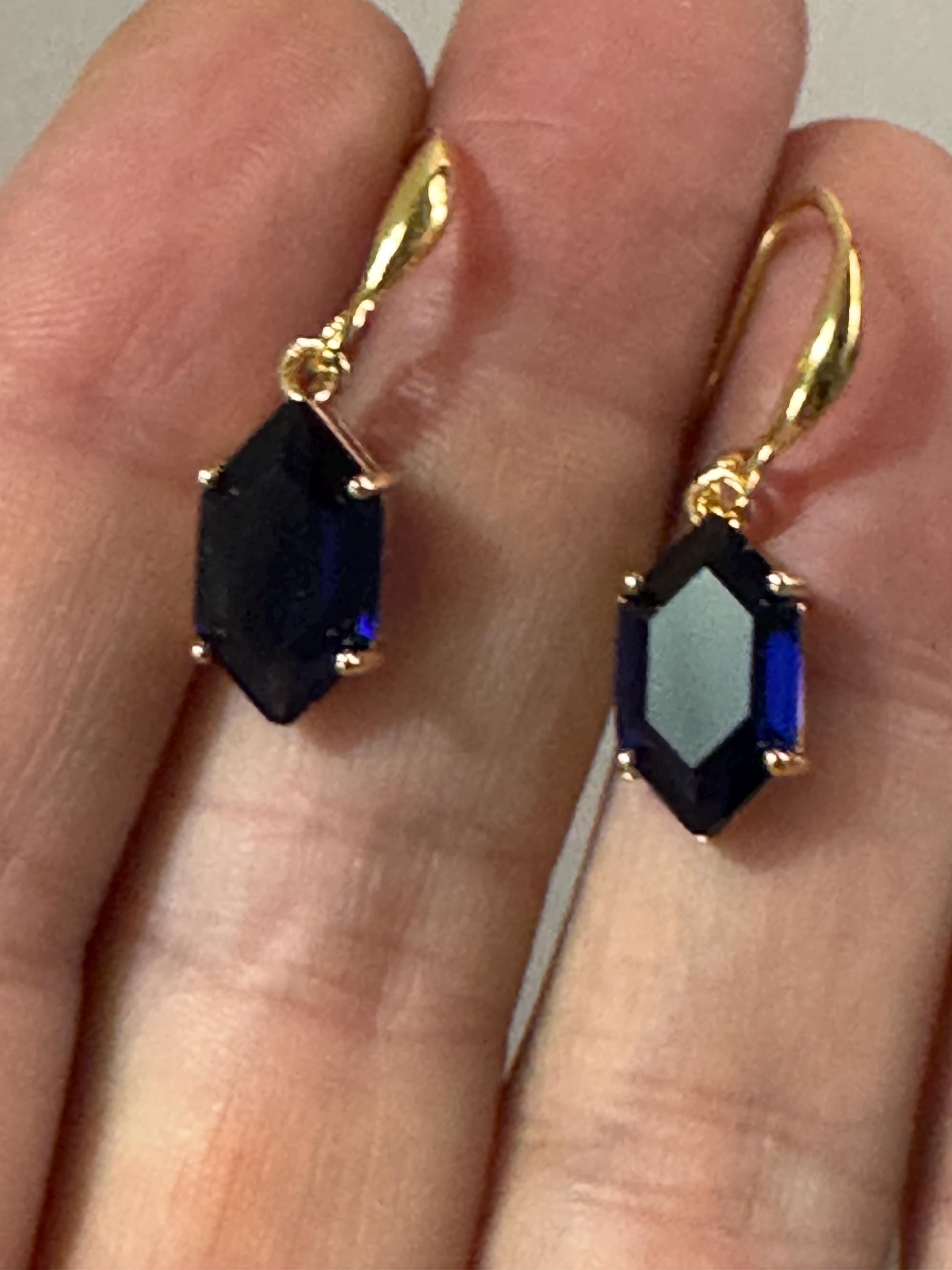 18k GP sapphire blue crystal diamanté drop earrings, hexagon