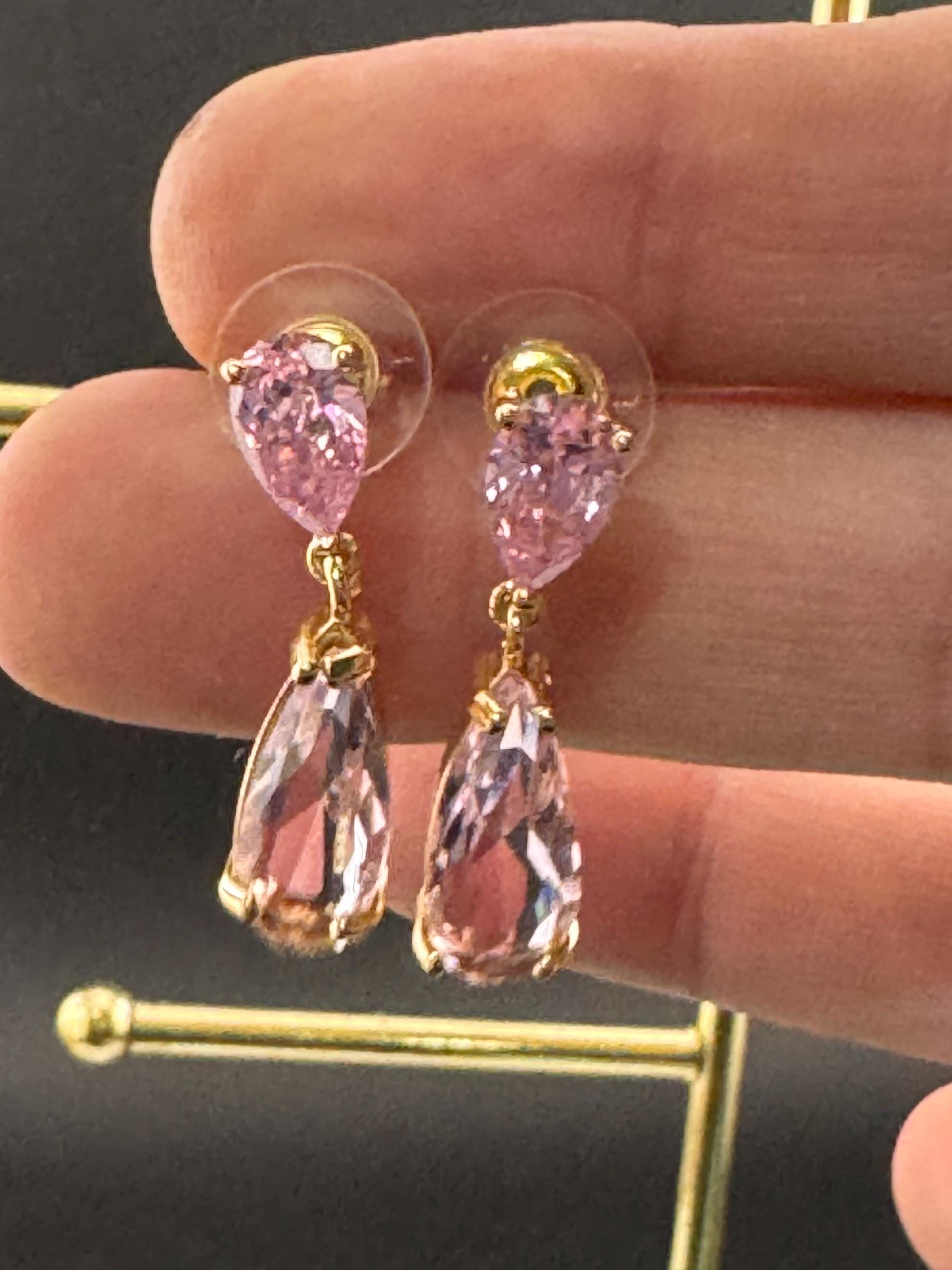 pink crystal teardrop long drop earrings, 18k plated earwires