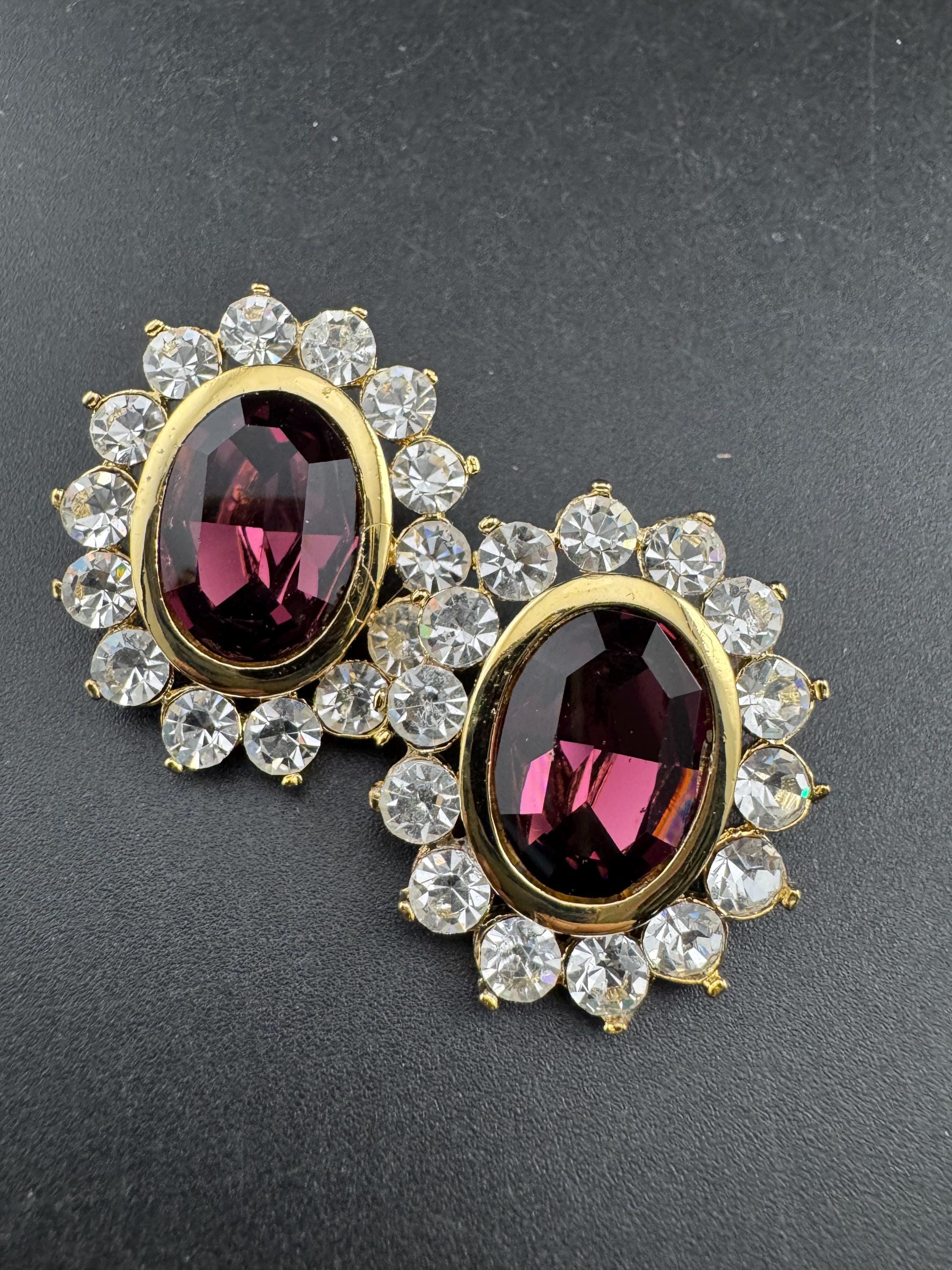 Vintage Swarovski Crystal oval Earrings: Oversized Gold Tone Studs, 1980s