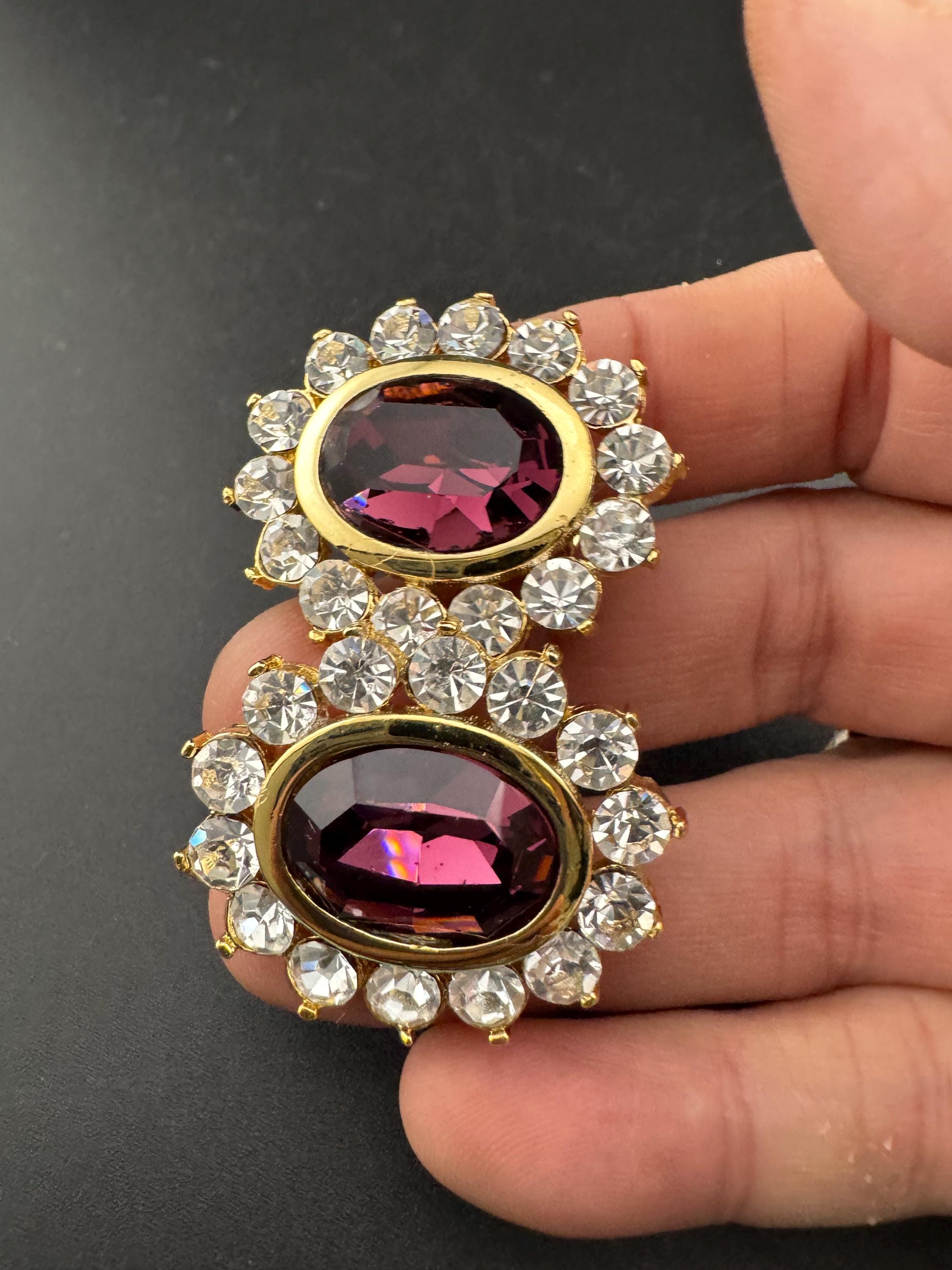 Vintage Swarovski Crystal oval Earrings: Oversized Gold Tone Studs, 1980s