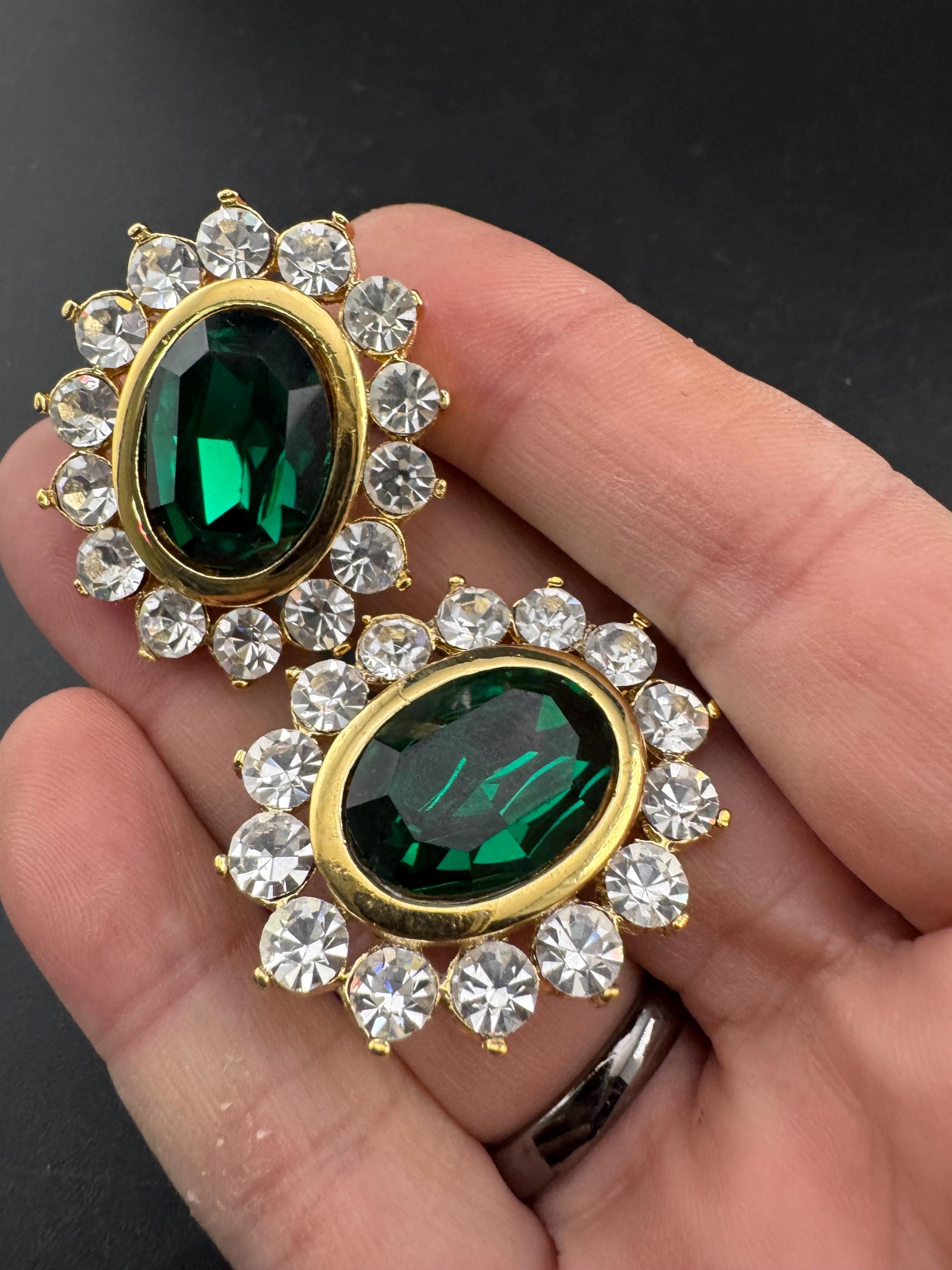 Emerald Green oval Crystal Earrings: Swarovski, Gold Tone, 1980s Stock