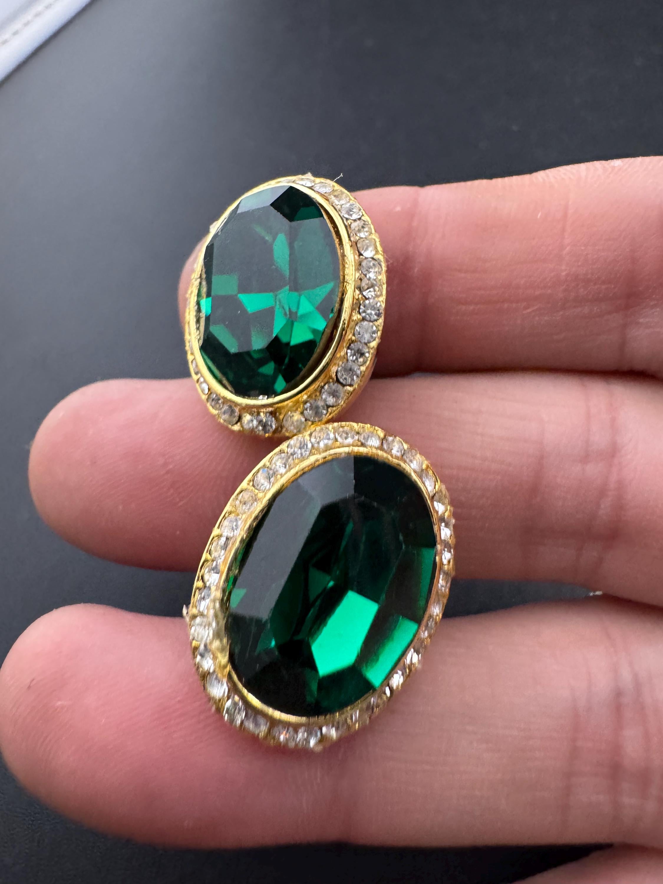 Emerald Green oval Crystal Earrings: Swarovski, Gold Tone, 1980s Stock