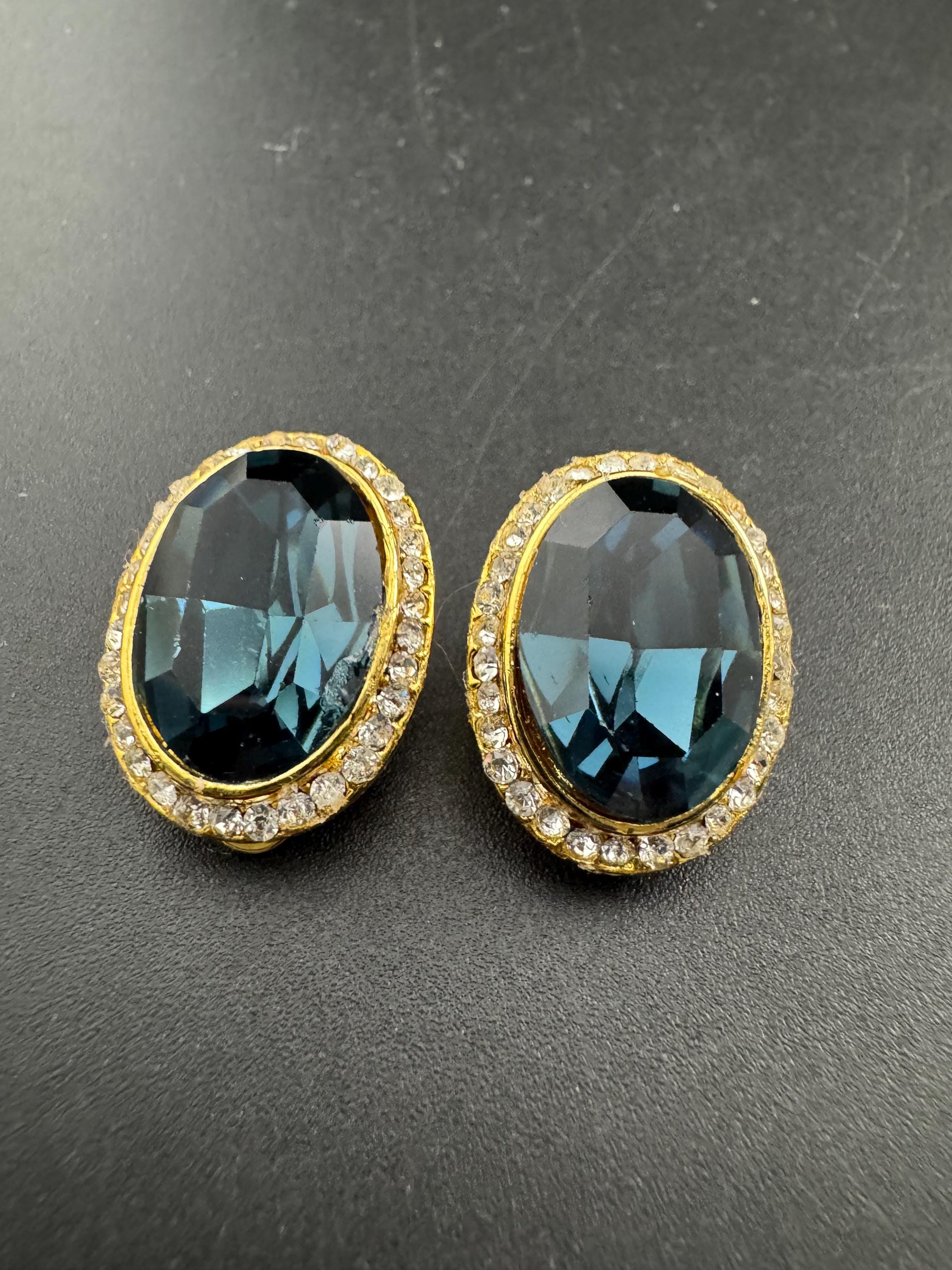 Sapphire Blue Swarovski Crystal clip on Earrings - 1980s gold tone