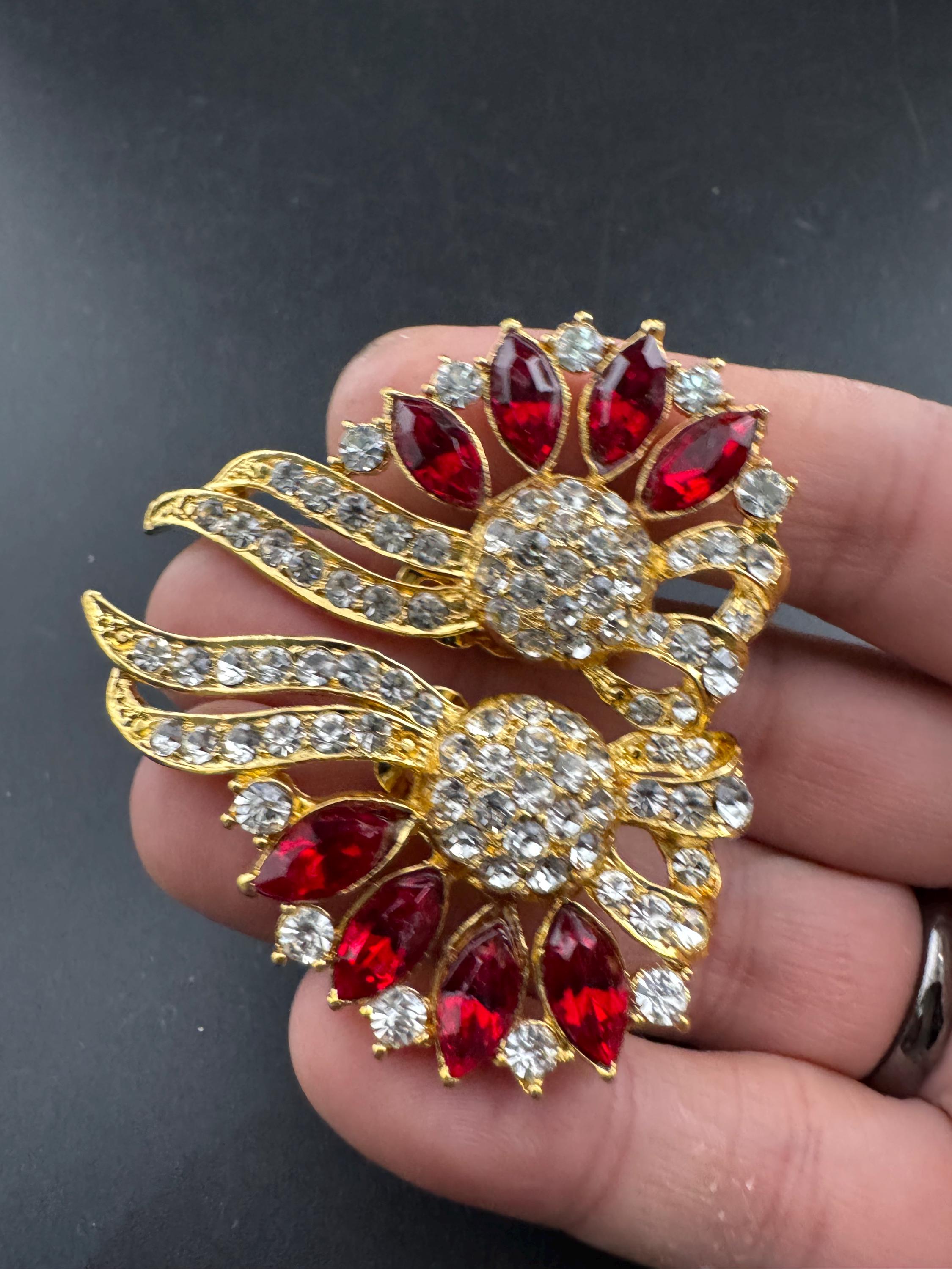 Vintage Swarovski Crystal Ruby Fan Earrings: Oversized Gold Tone Red Studs, 1980s