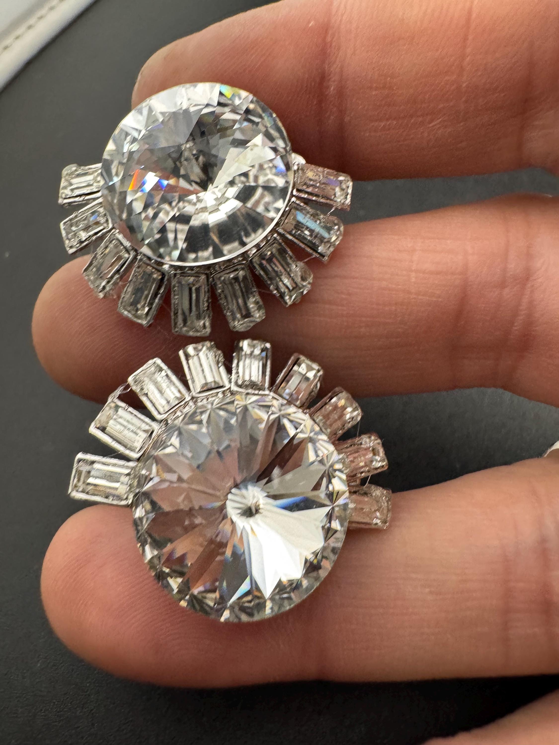 Swarovski Crystal clip on Earrings: Oversized Silver Tone Rivoli Baguette