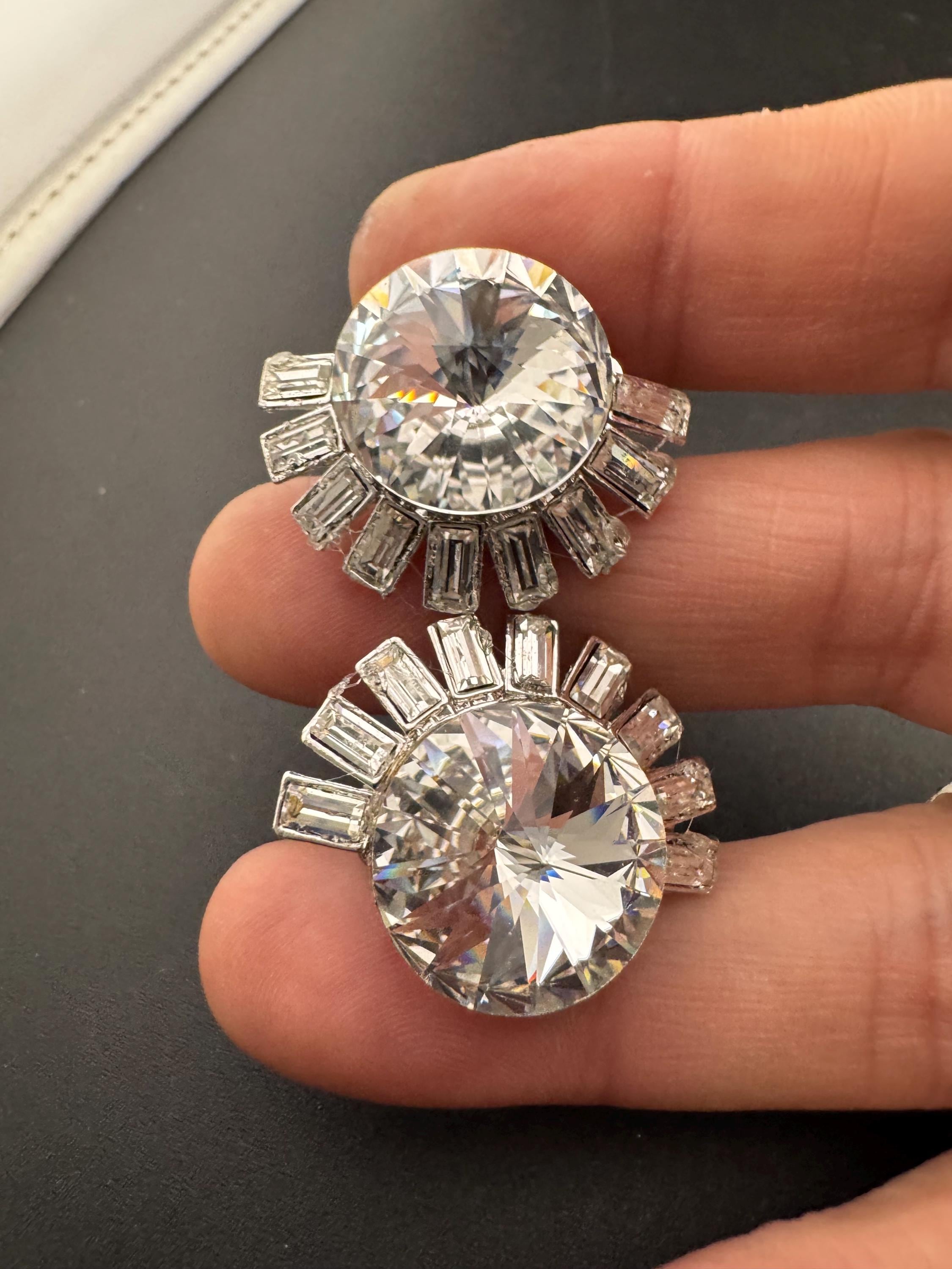 Swarovski Crystal clip on Earrings: Oversized Silver Tone Rivoli Baguette