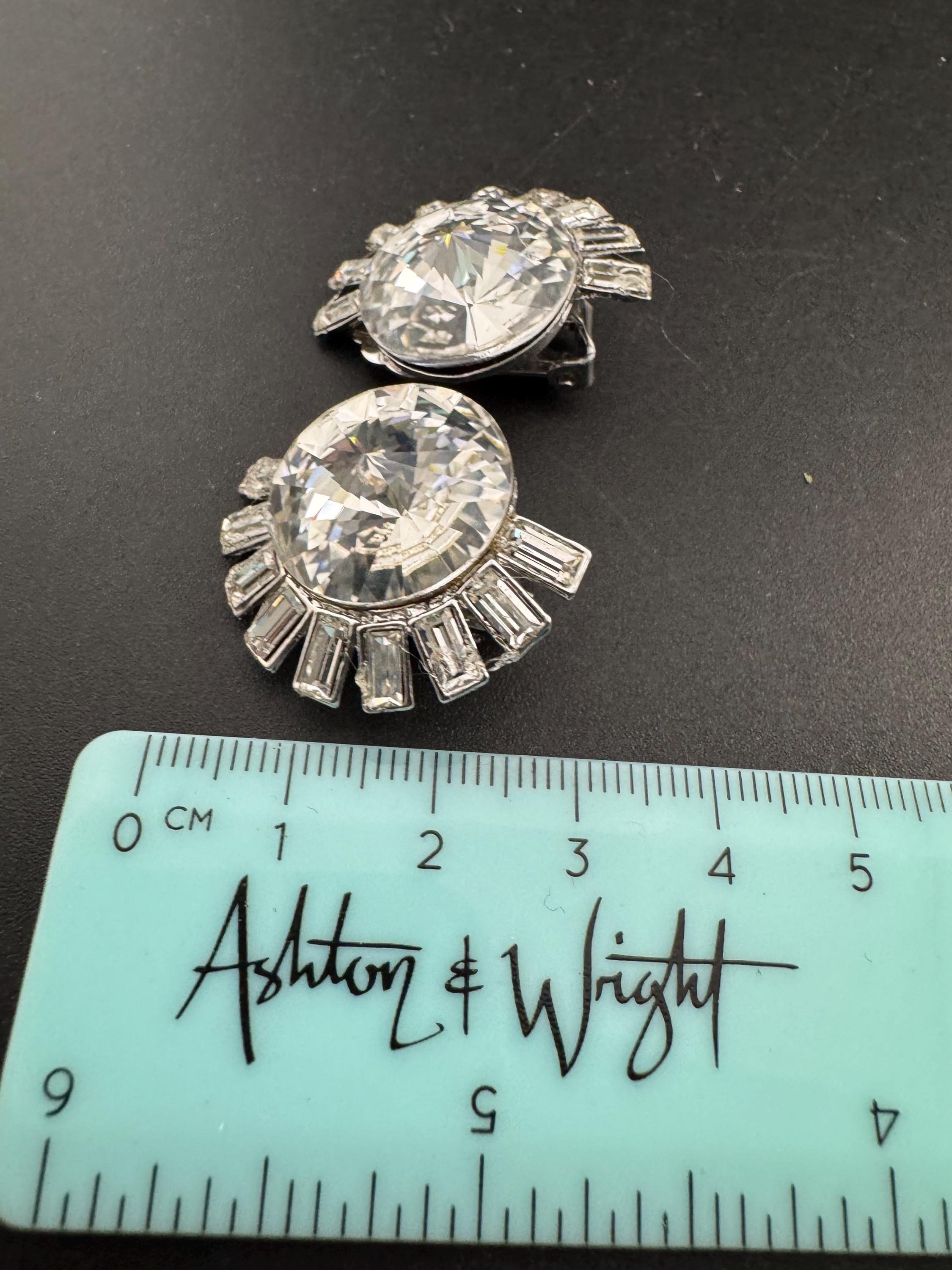 Swarovski Crystal clip on Earrings: Oversized Silver Tone Rivoli Baguette