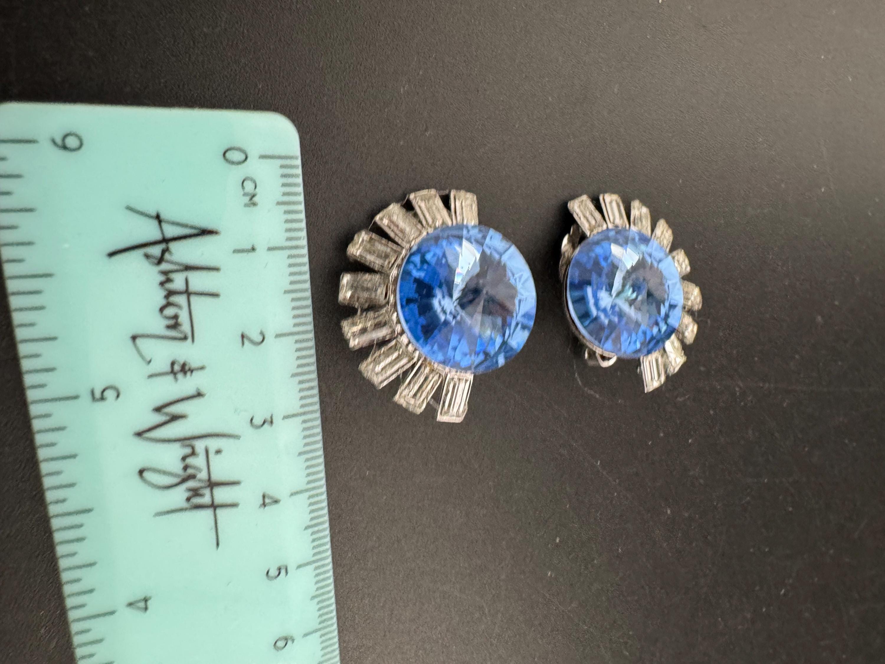 sapphire blue and clear Swarovski rivoli crystal clip on earrings, silver tone