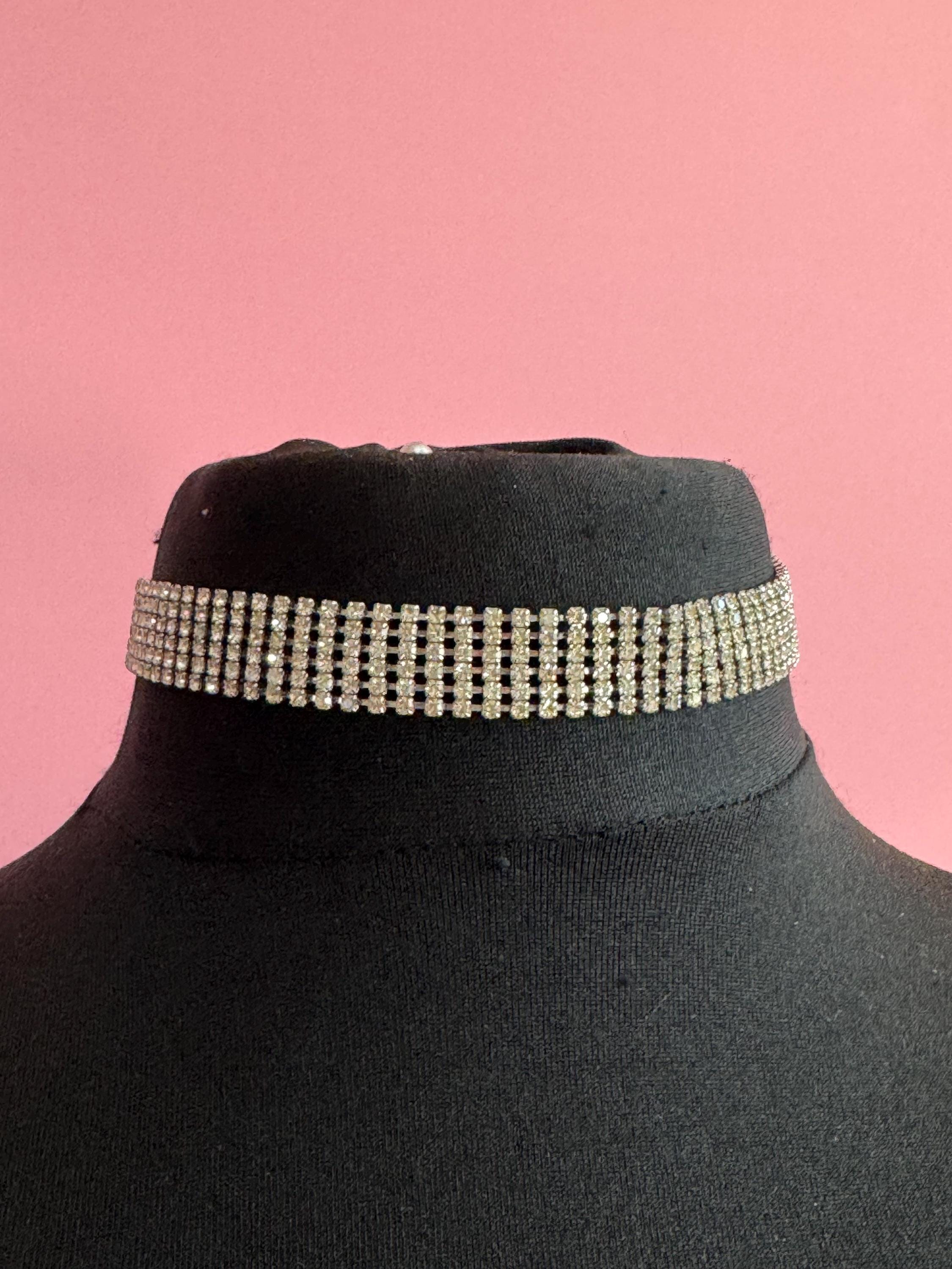 Vintage silver Clear Diamanté rhinestone choker necklace
