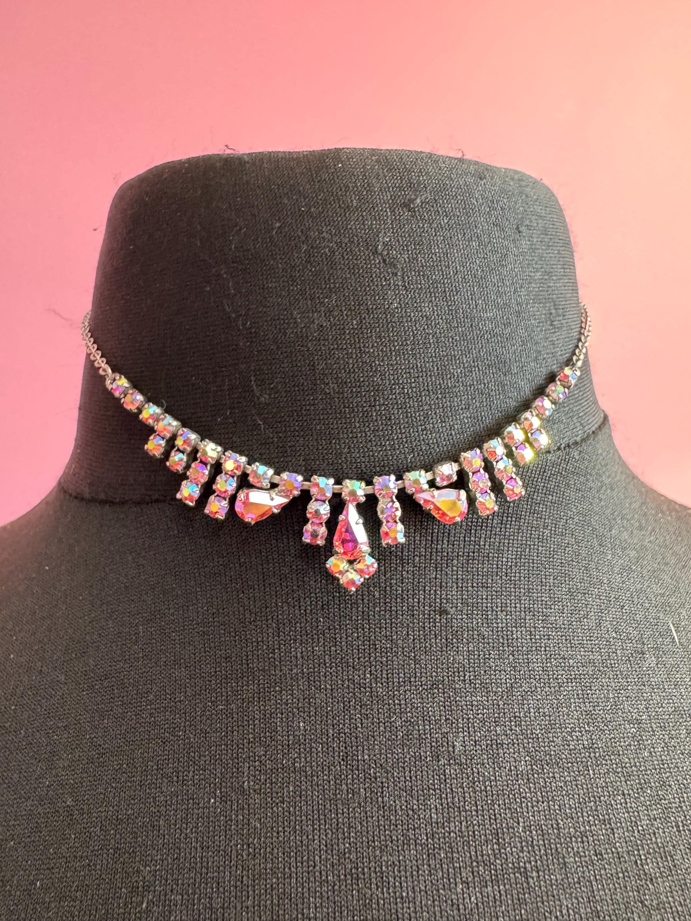 Petite fit pink AB Rhinestone Cocktail Necklace - 39cm dainty