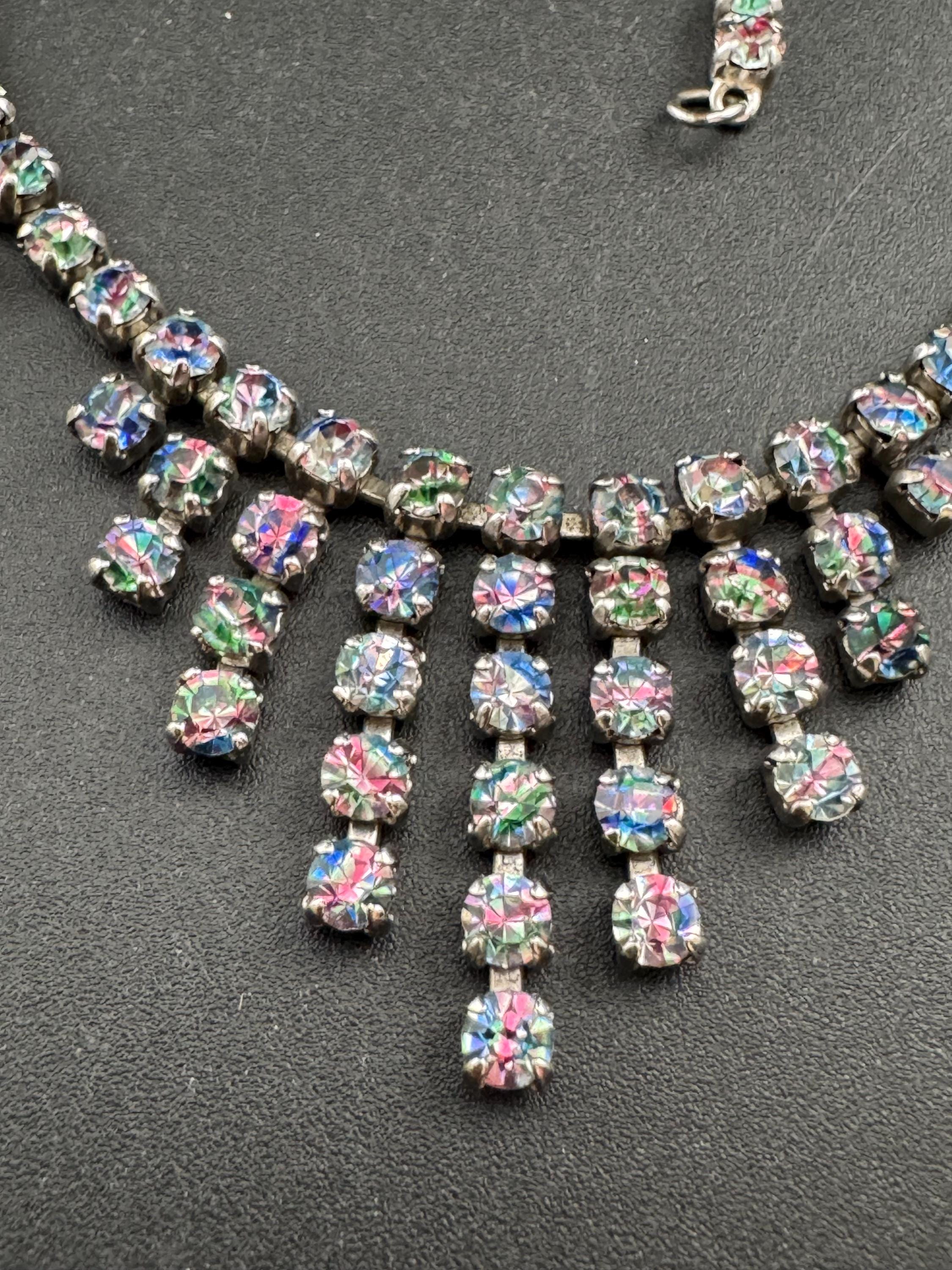 Iris glass diamanté crystal drop necklace, rainbow rhinestones, vintage 42cm