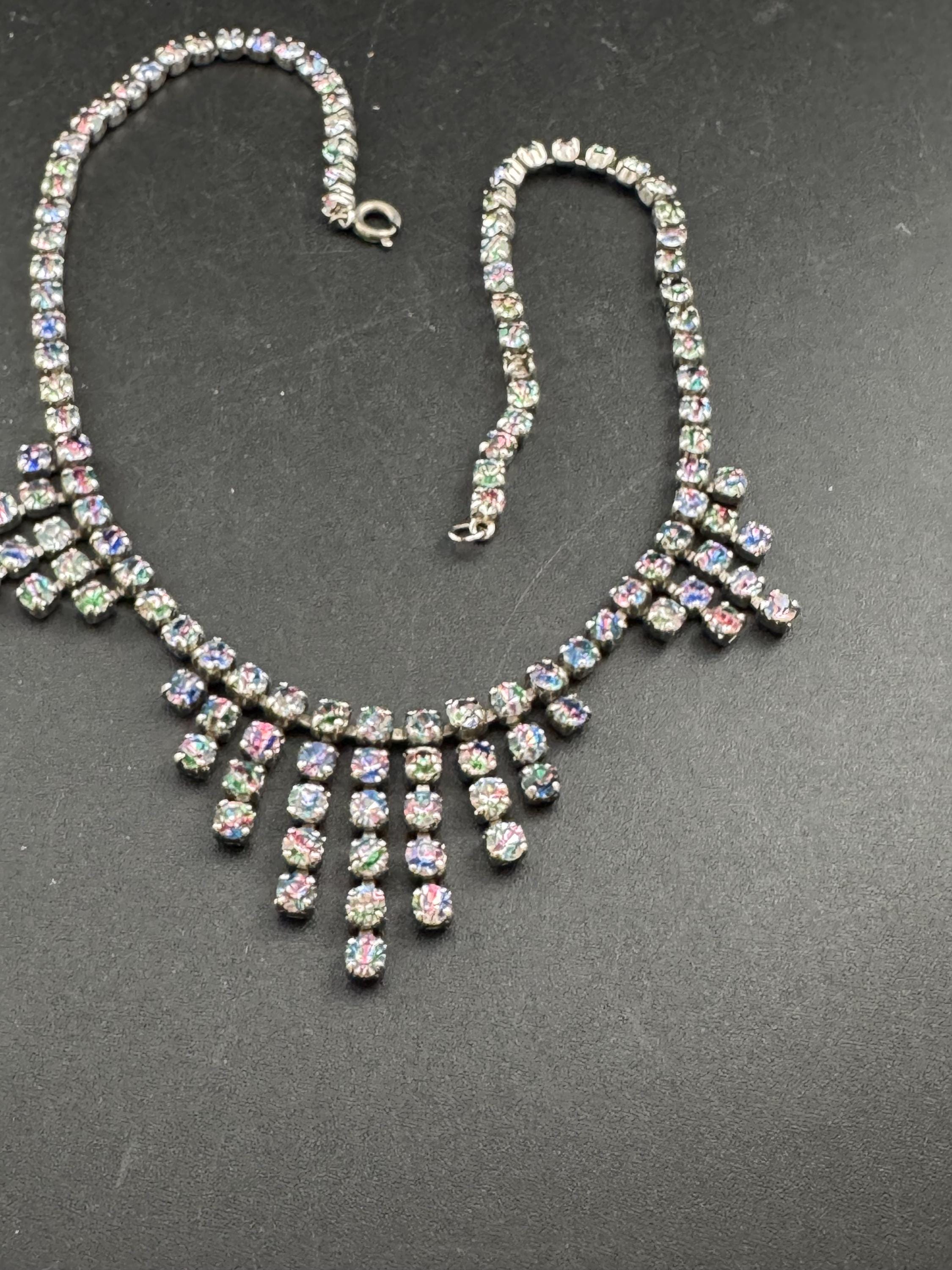 Iris glass diamanté crystal drop necklace, rainbow rhinestones, vintage 42cm