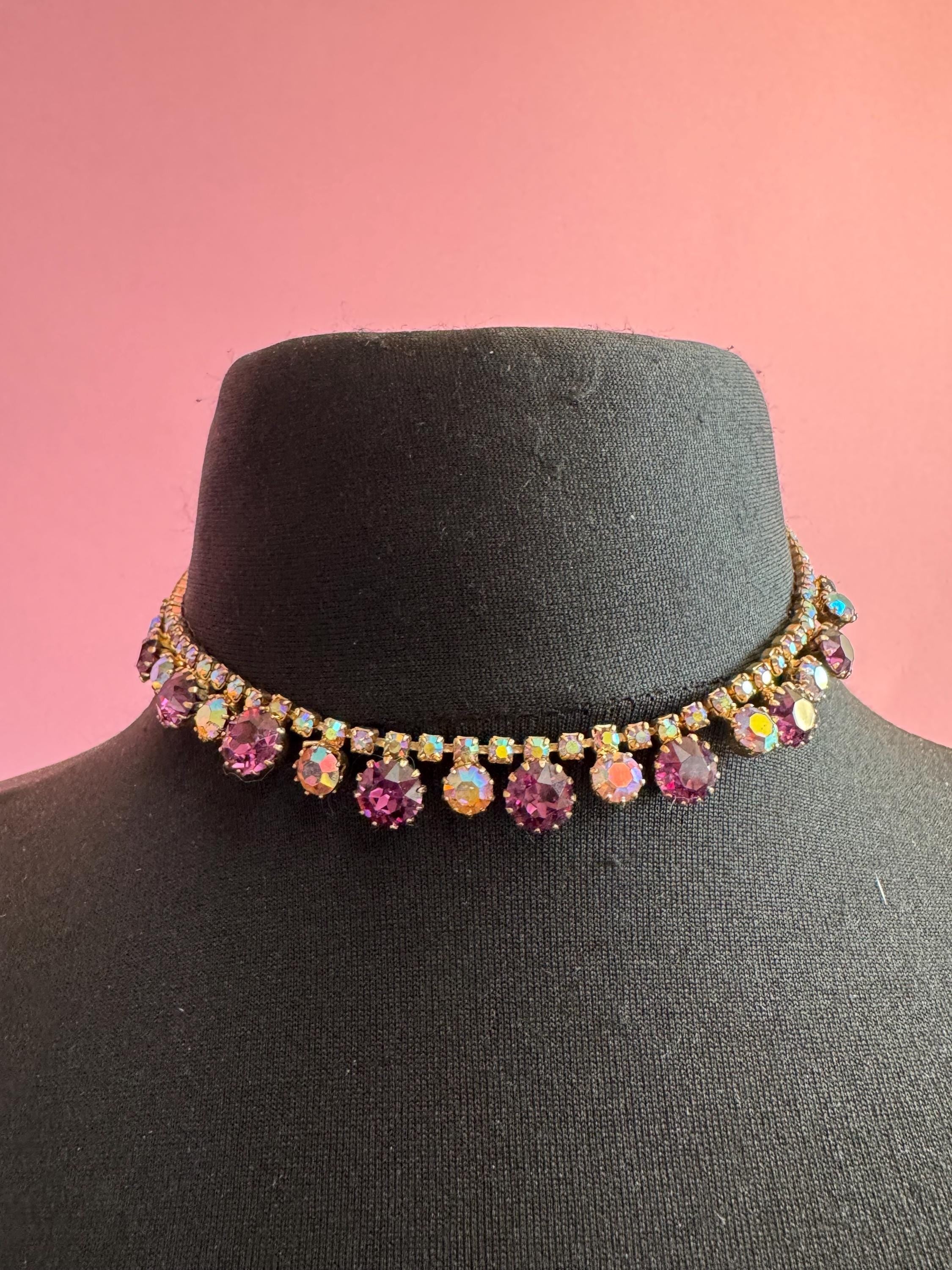 Petite fit amethyst AB Rhinestone Choker: 1950s Gold Tone Necklace