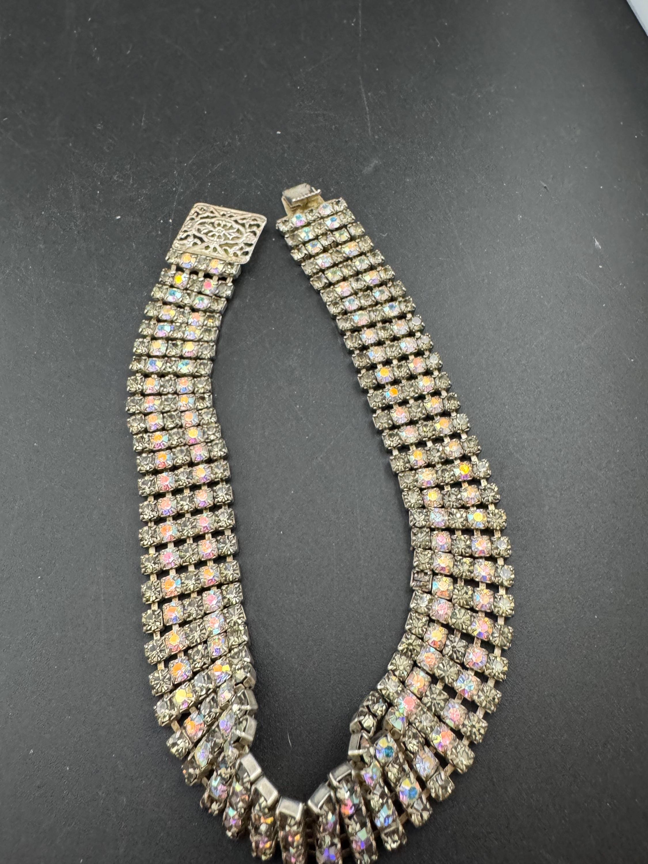 Very petite 36cm Vintage wide grey AB diamanté rhinestone crystal choker necklace