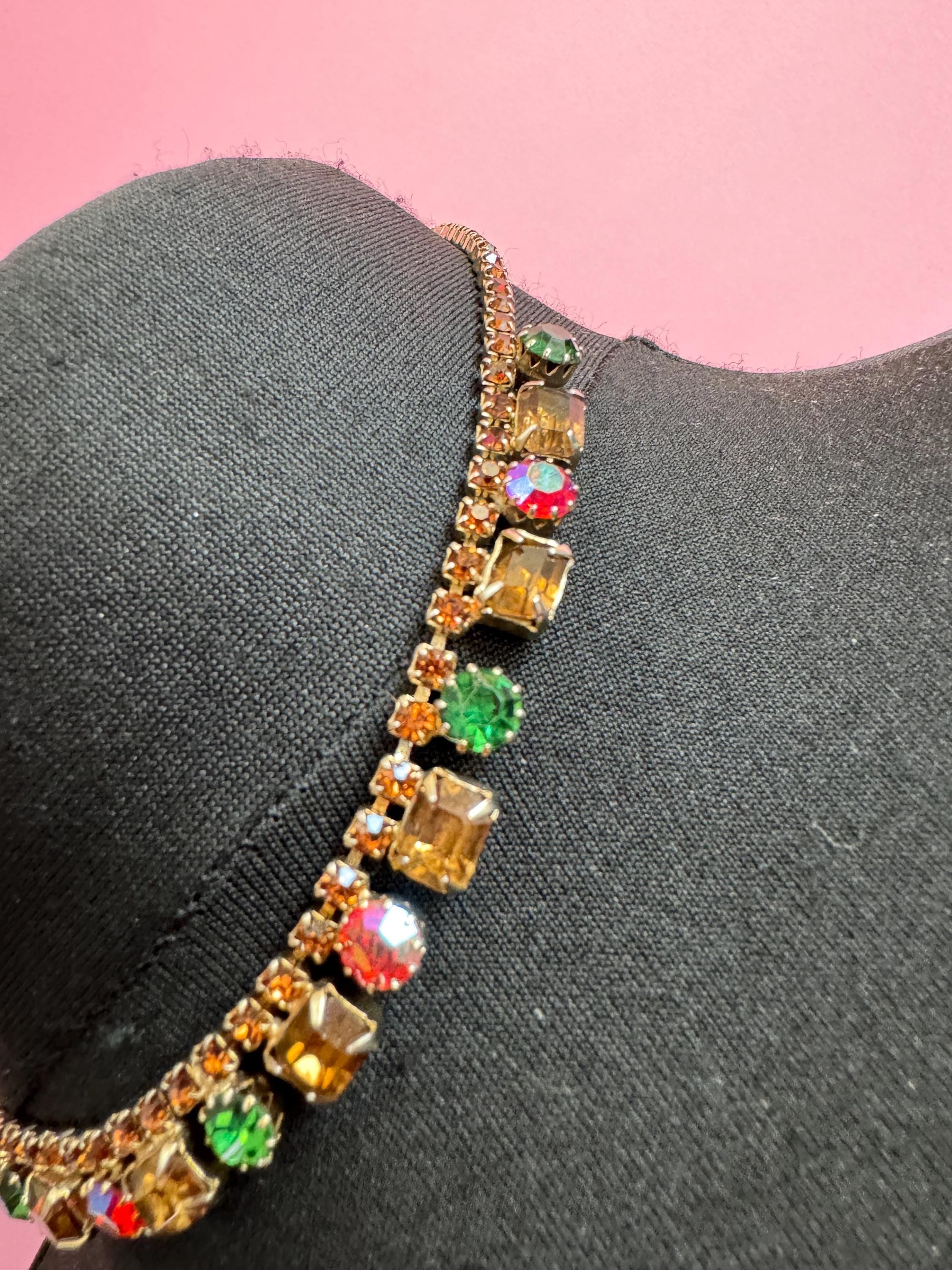 Pink green amber AB Rhinestone Choker: 1950s Gold Tone Necklace