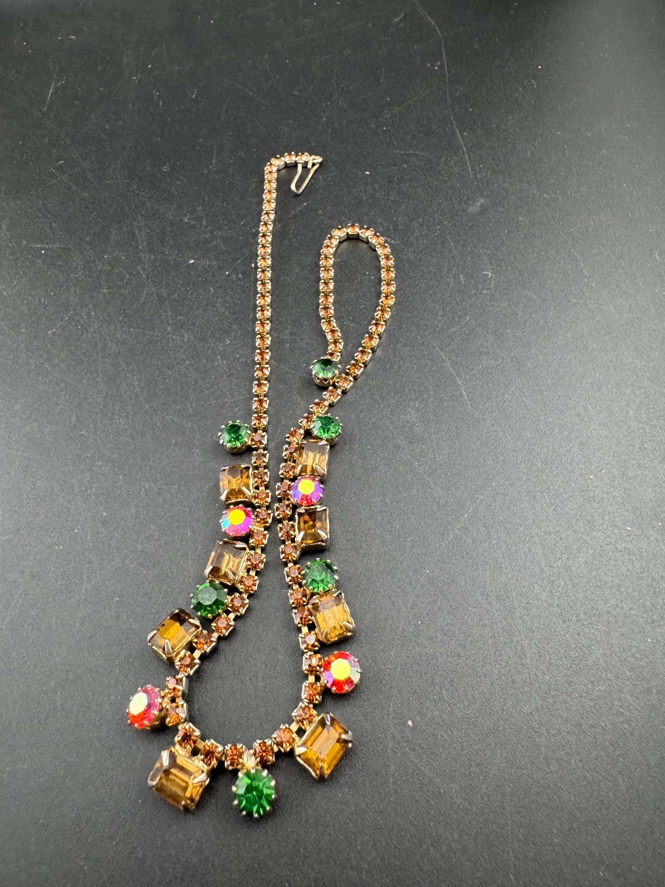 Pink green amber AB Rhinestone Choker: 1950s Gold Tone Necklace