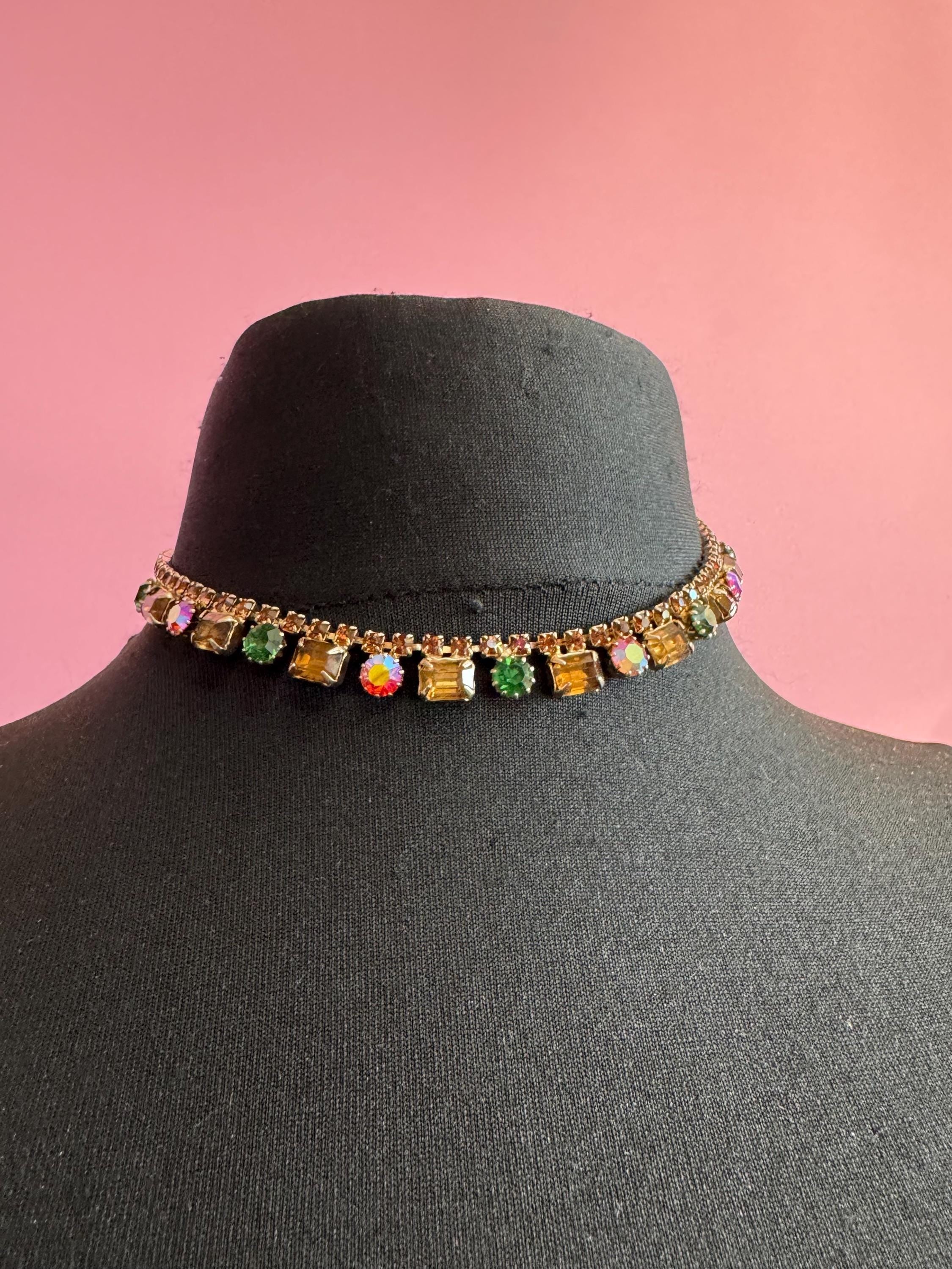 Pink green amber AB Rhinestone Choker: 1950s Gold Tone Necklace