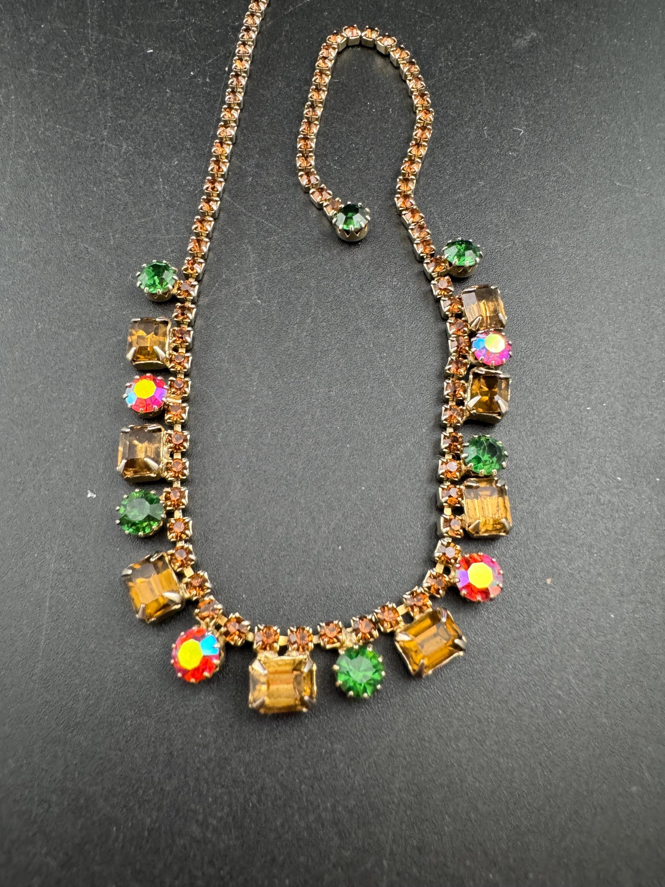 Pink green amber AB Rhinestone Choker: 1950s Gold Tone Necklace