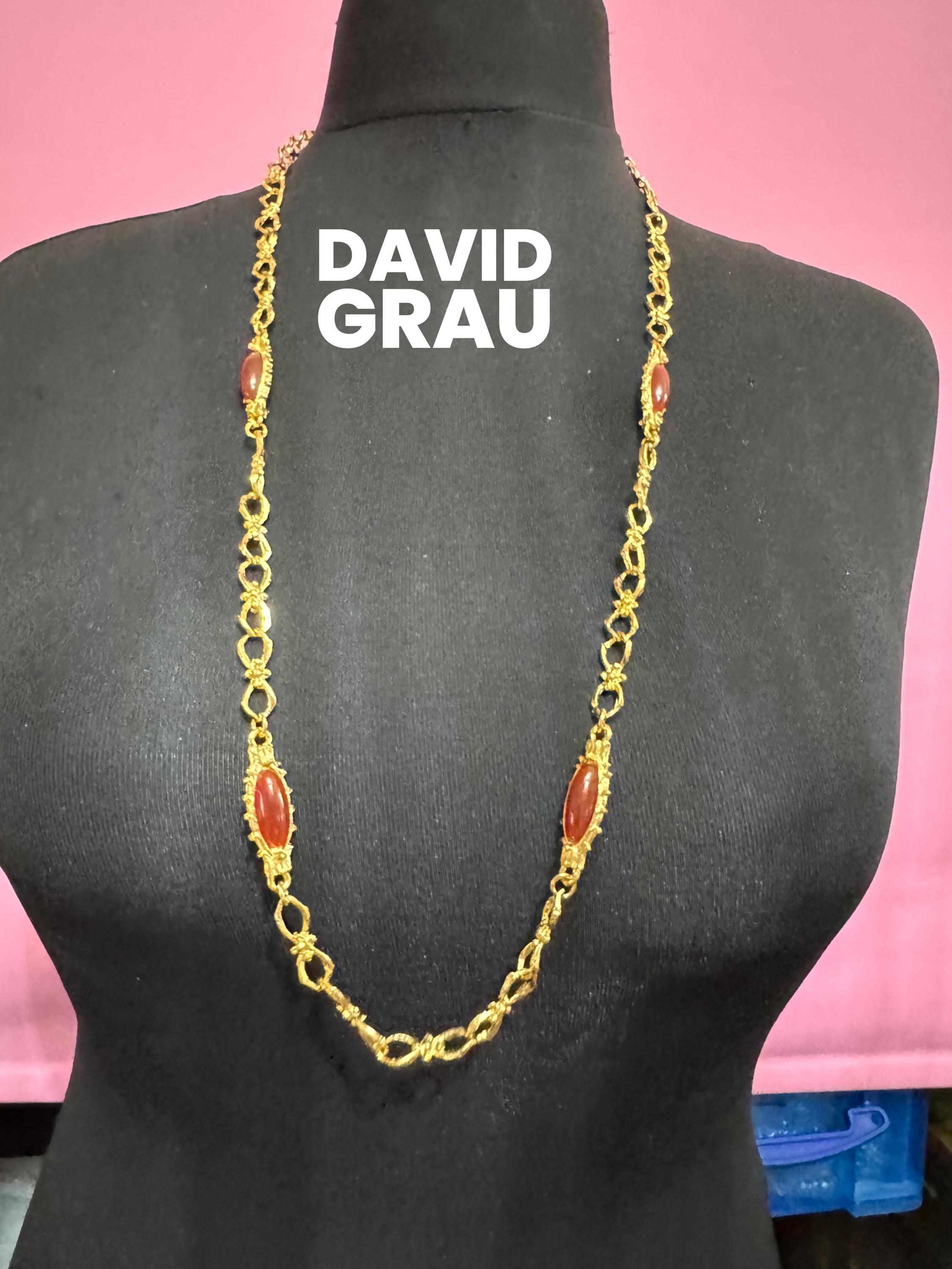 Signed David Grau glass carnelian station chain necklace, gold plated