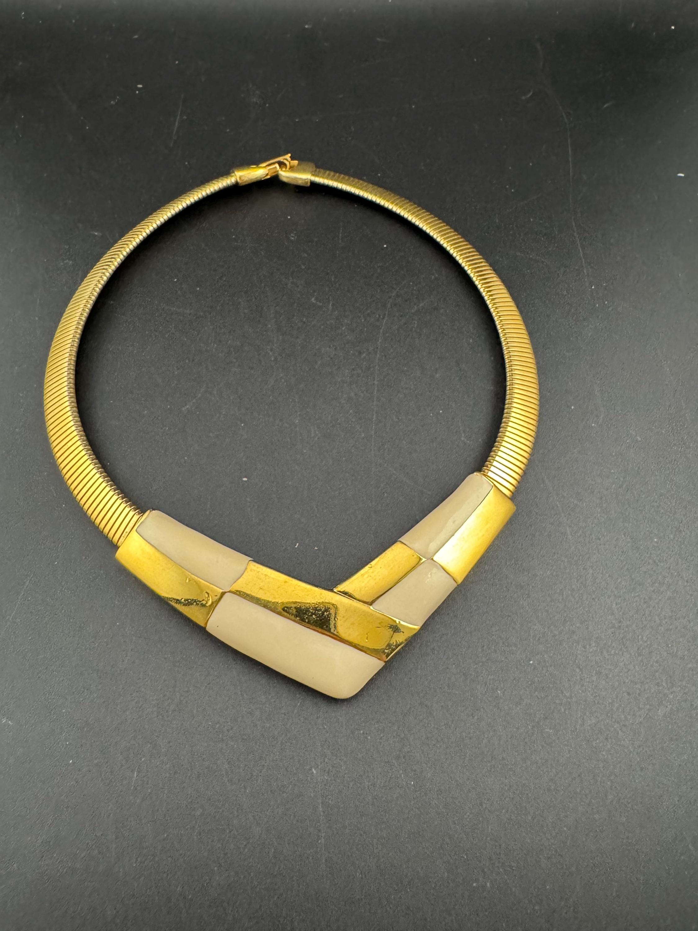 Signed NAPIER cream Enamel Choker: Vintage Gold Tone omega necklace