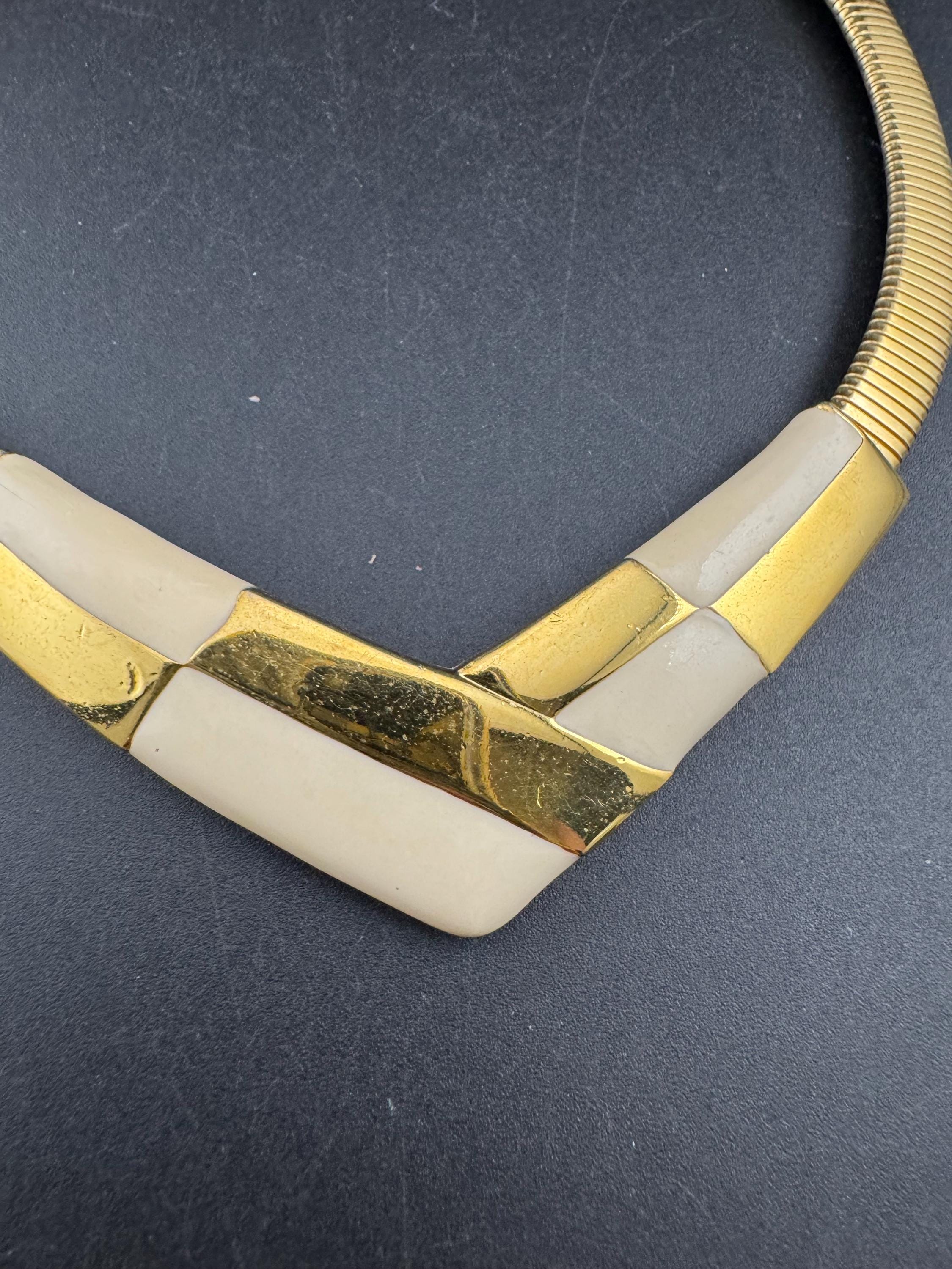 Signed NAPIER cream Enamel Choker: Vintage Gold Tone omega necklace