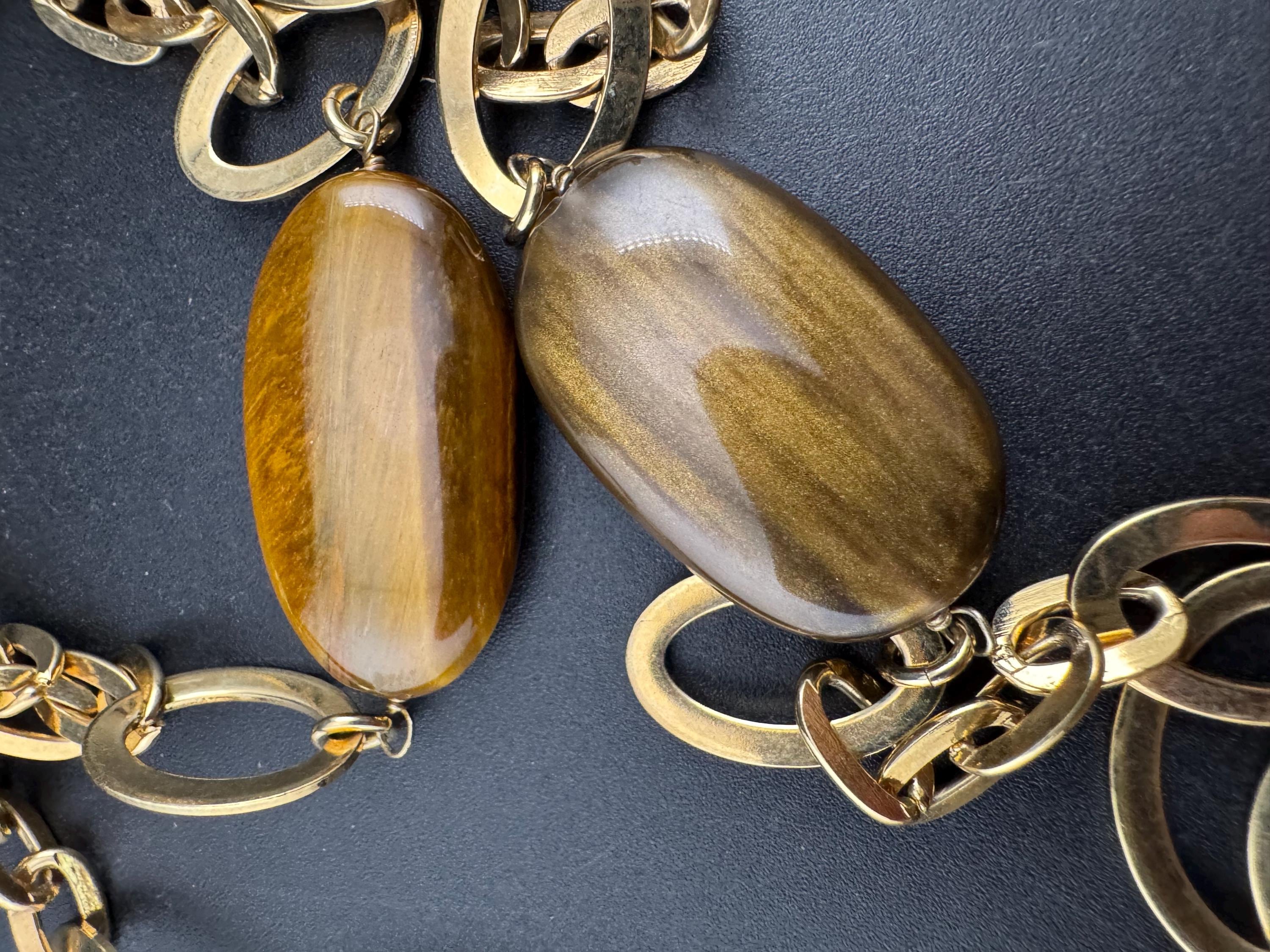 Signed MONET tigers eye gemstone  gold station link necklace