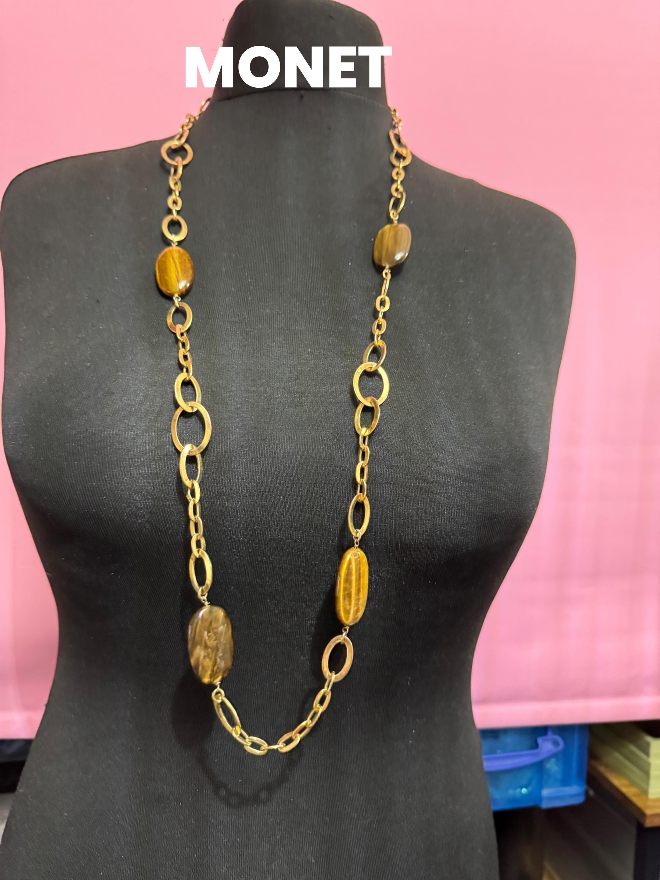 Signed MONET tigers eye gemstone  gold station link necklace