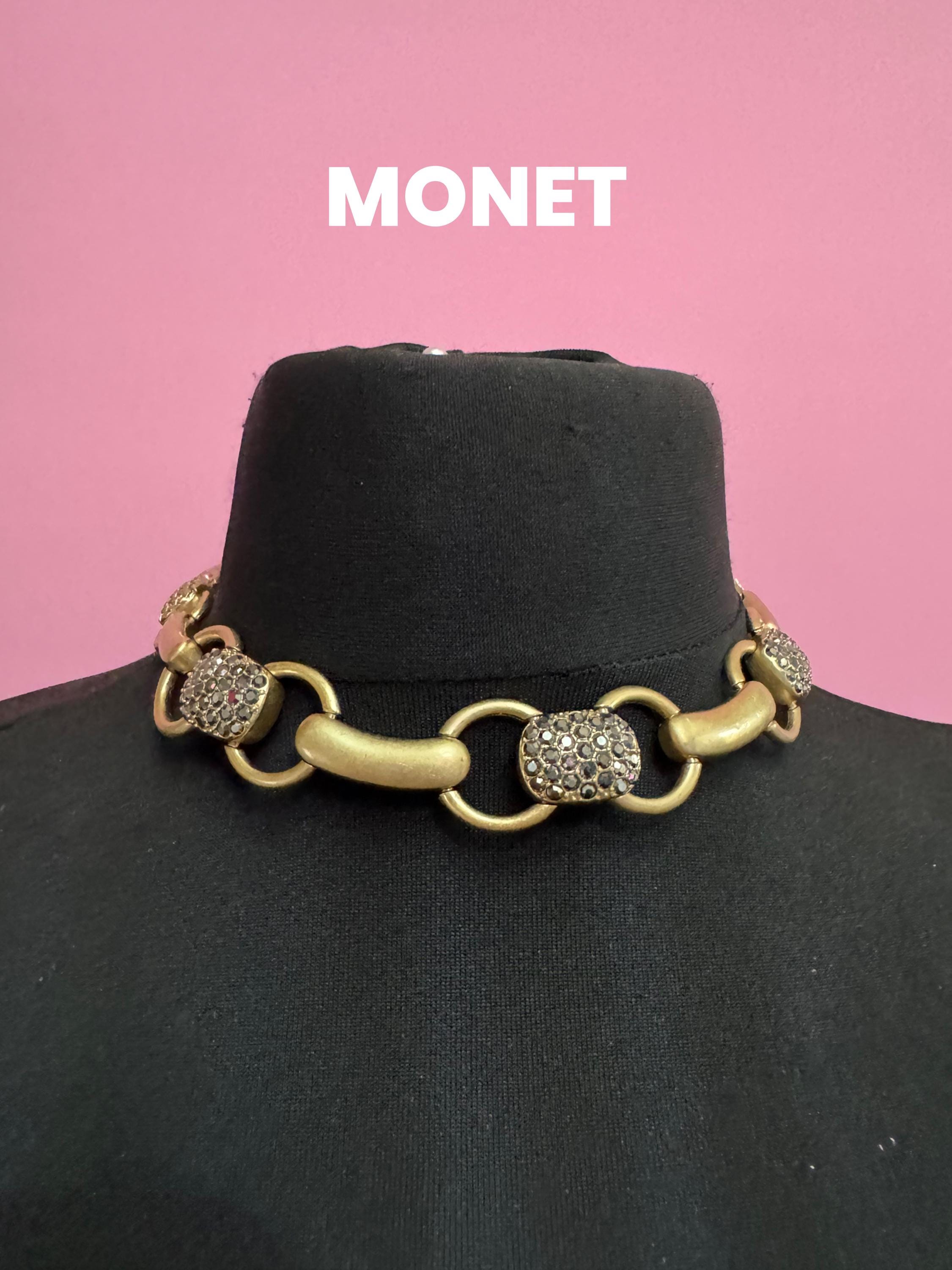 signed MONET chunky Matt gold tone choker, cushion panel necklace