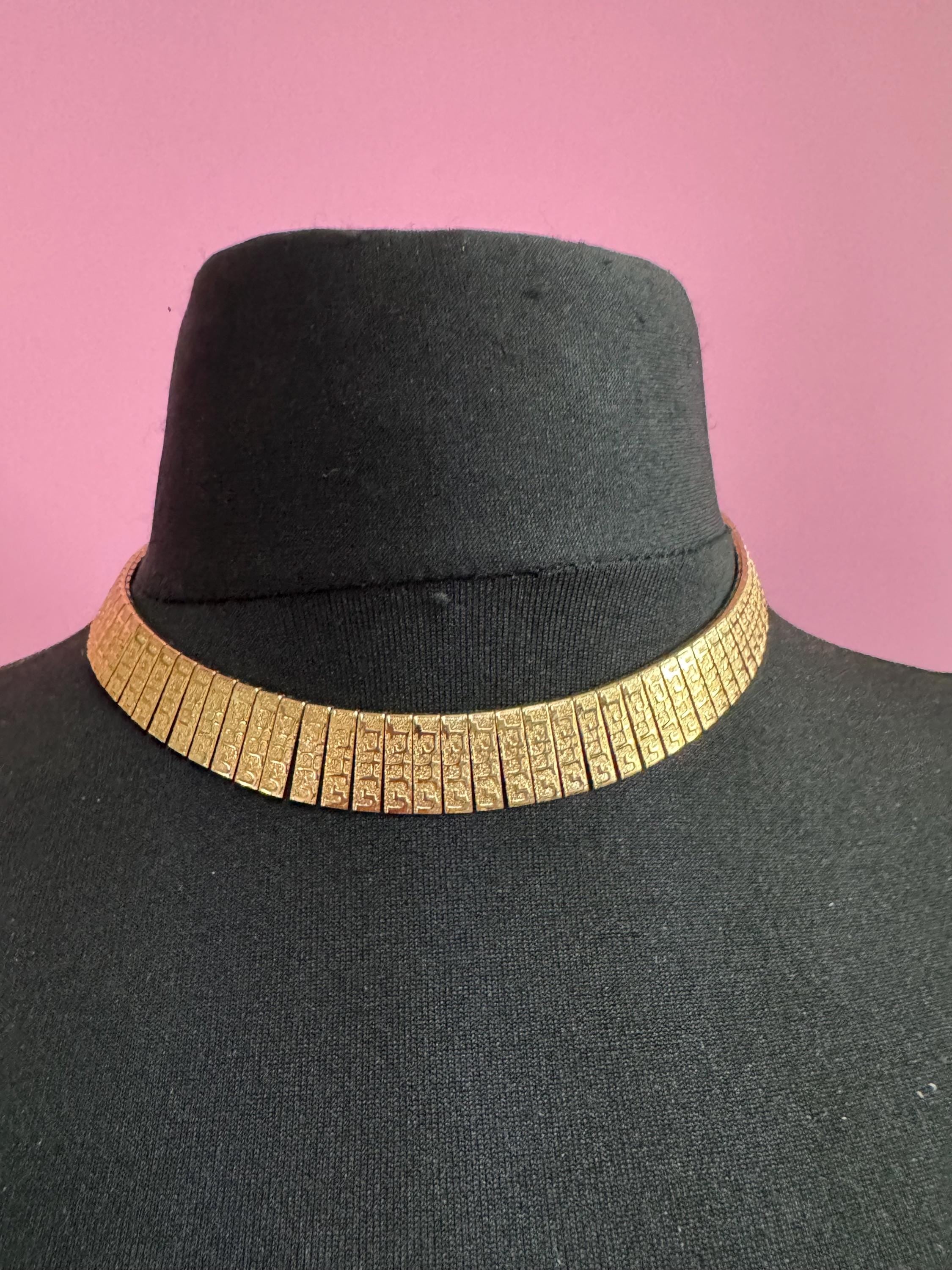 Vintage Egyptian revival gold wide choker necklace, brutalist textured design