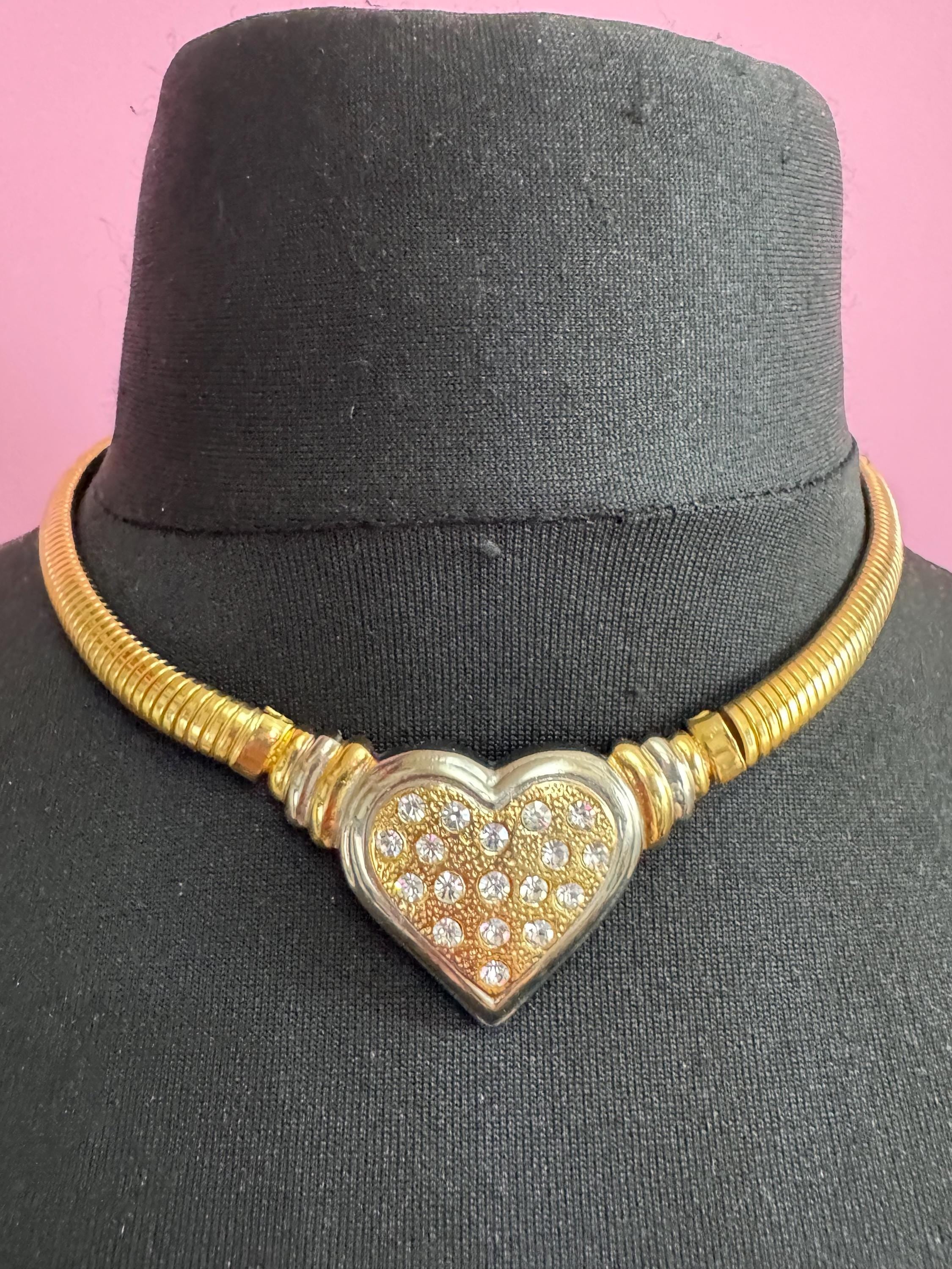 Vintage omega chain love heart diamanté choker necklace, gold tone
