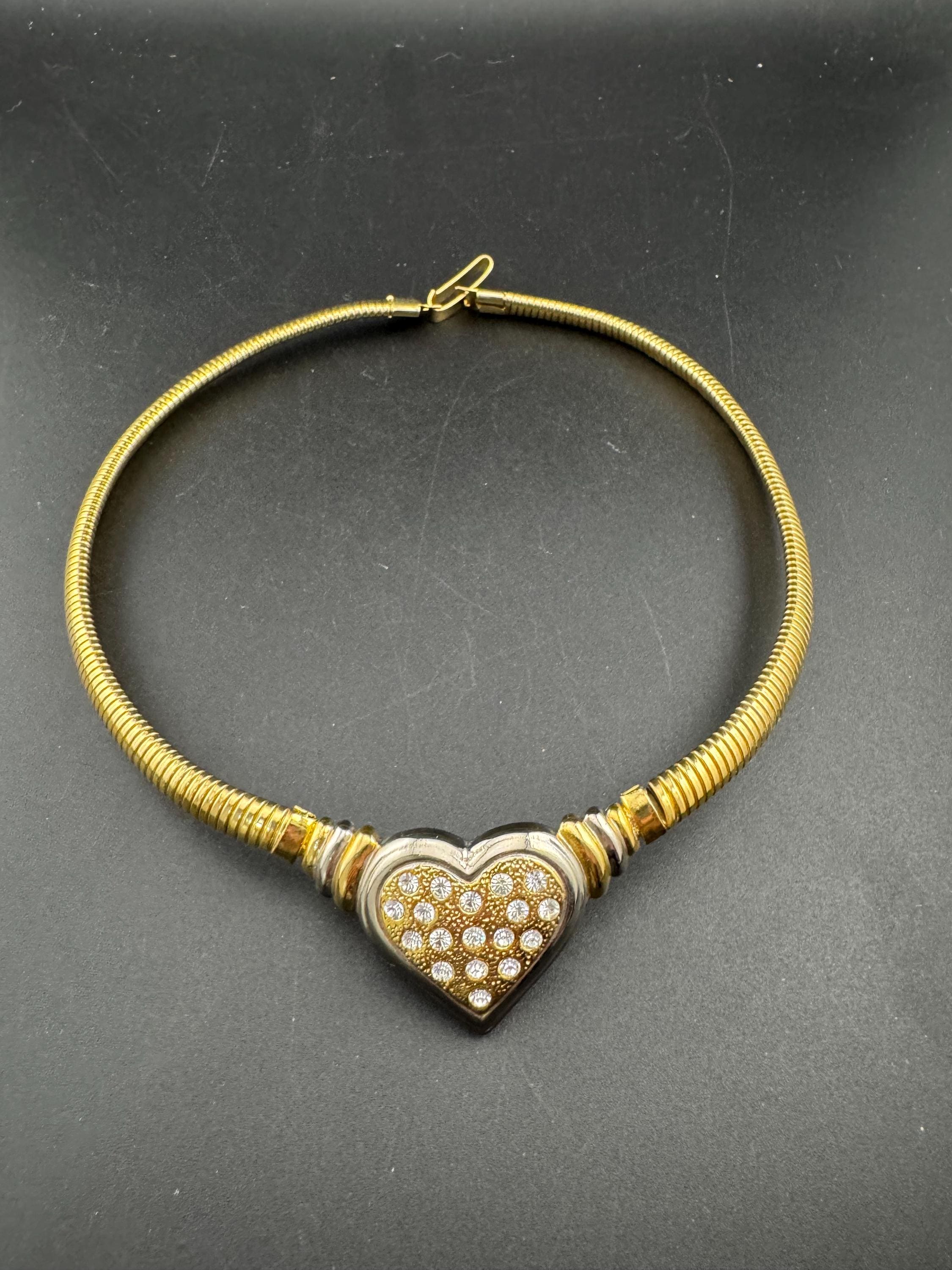 Vintage omega chain love heart diamanté choker necklace, gold tone
