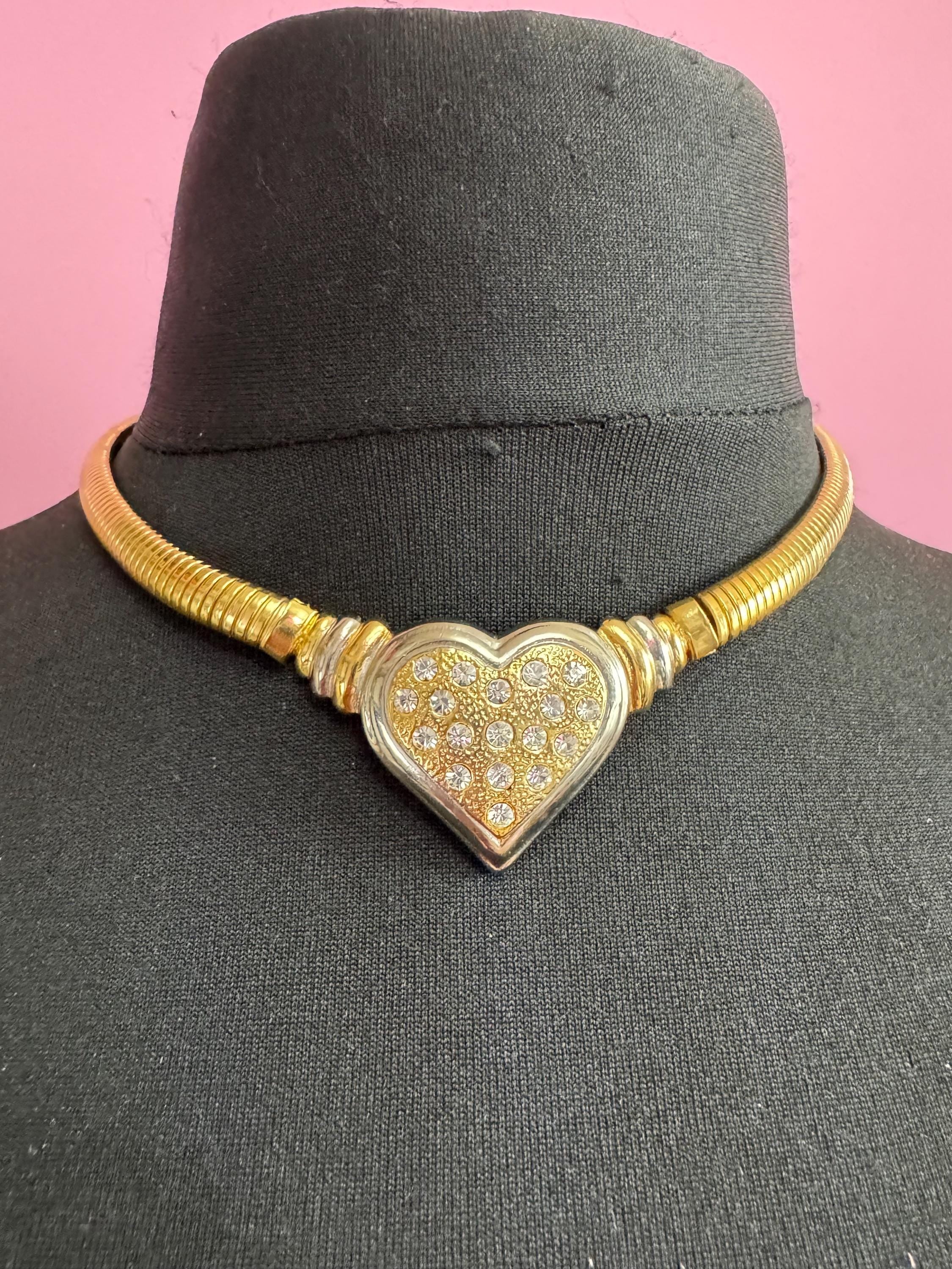 Vintage omega chain love heart diamanté choker necklace, gold tone