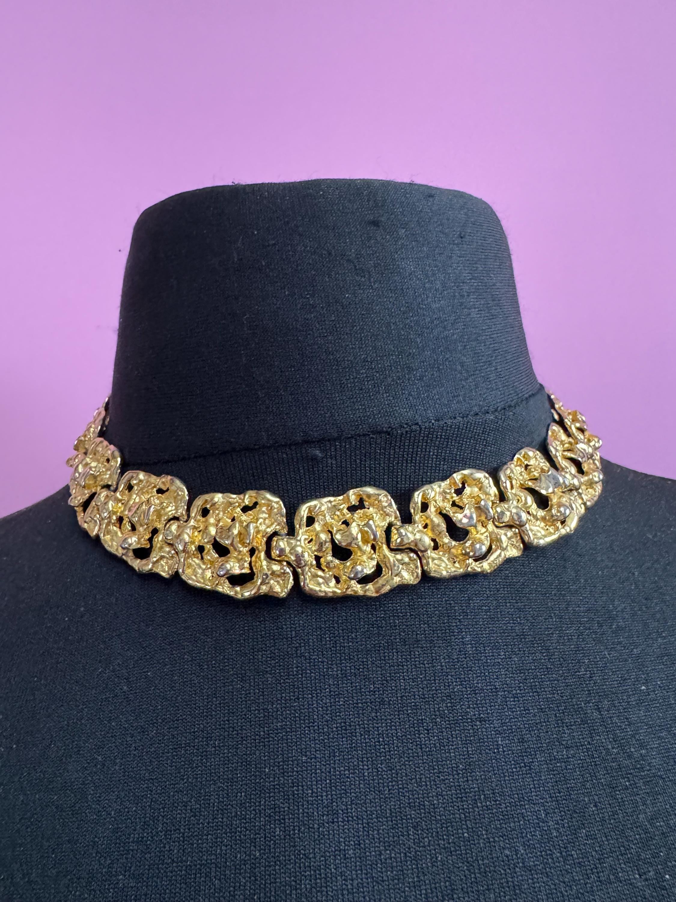 Vintage wide brutalist textured choker necklace, gold tone