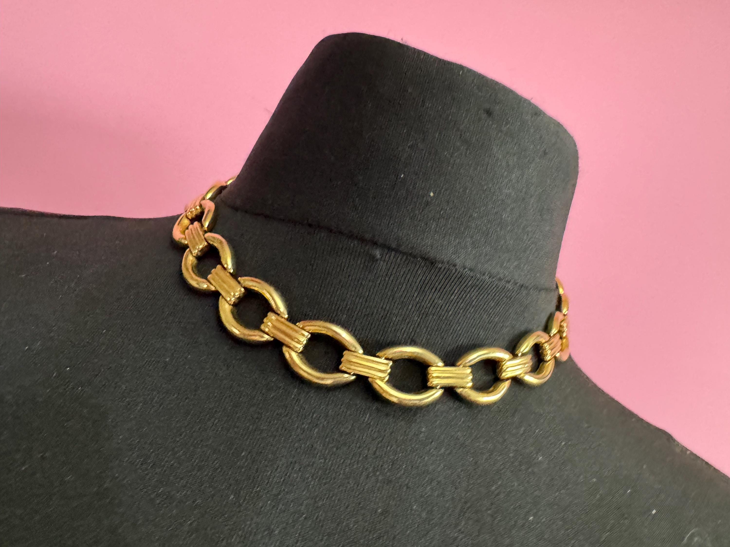 1980s gold panel link wide choker necklace