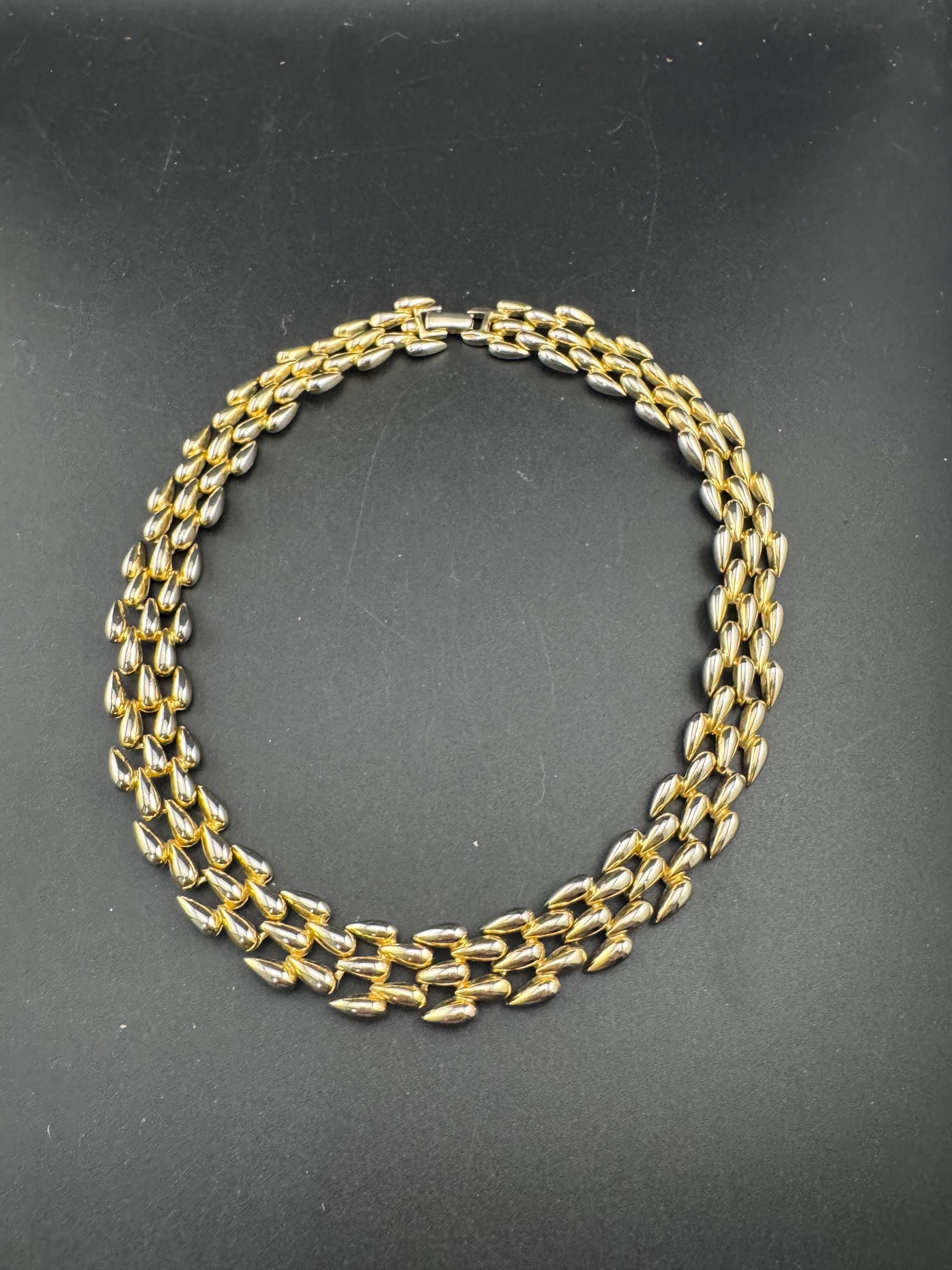 champagne gold tone wide link brick panther link choker necklace, heavy weight faded plating