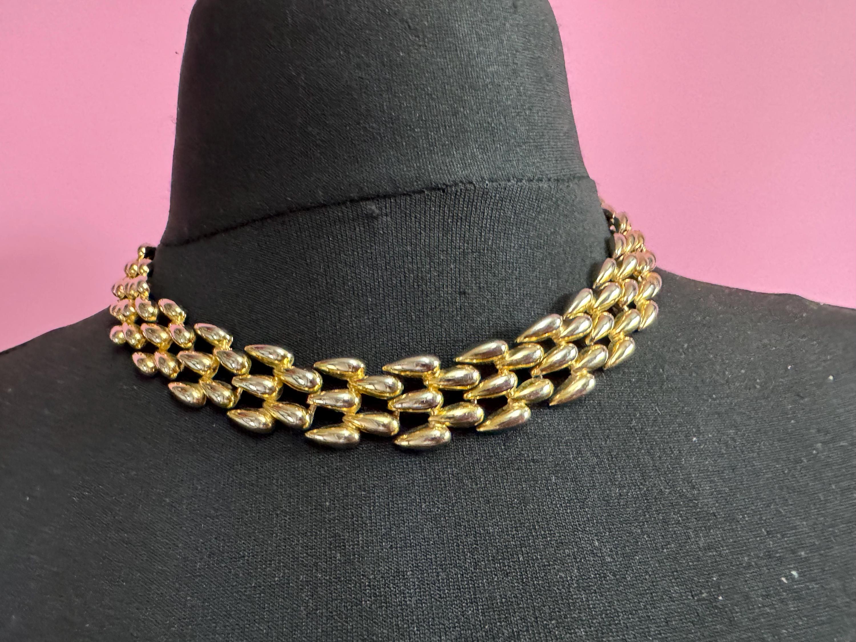 champagne gold tone wide link brick panther link choker necklace, heavy weight faded plating
