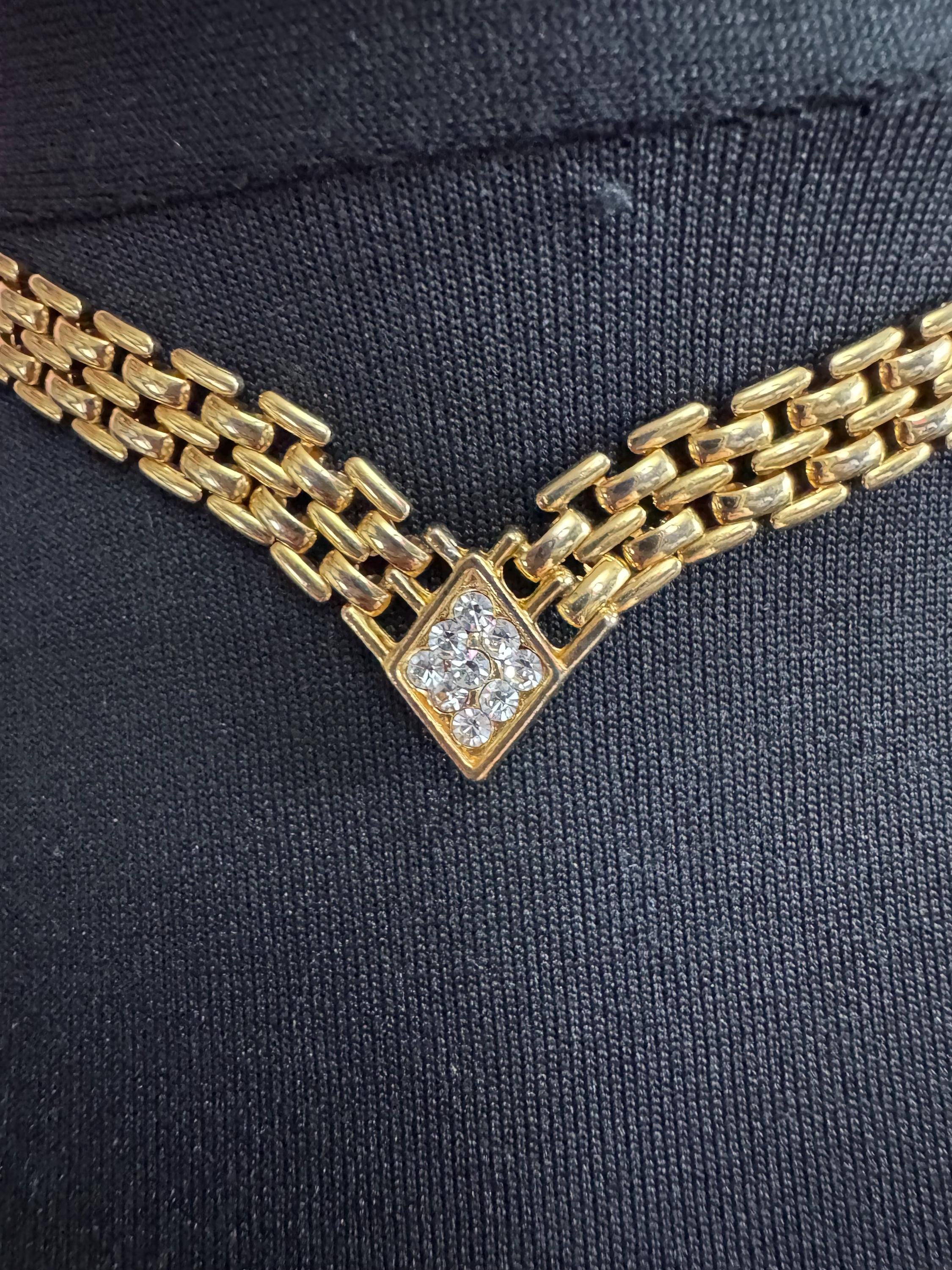 Retro 1980s panther link crystal diamanté gold tone V choker necklace, brick chain