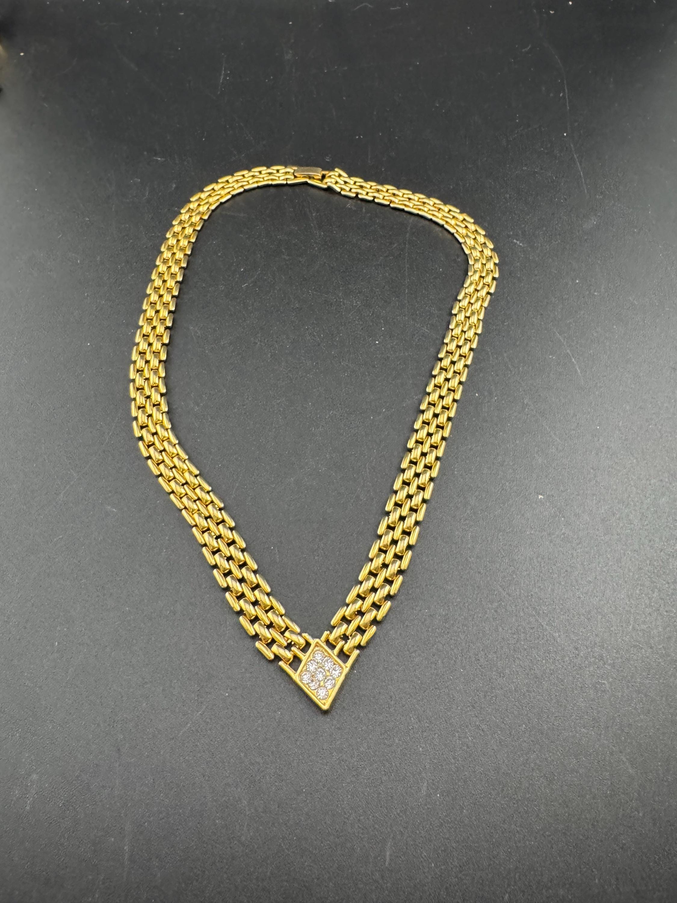 Retro 1980s panther link crystal diamanté gold tone V choker necklace, brick chain