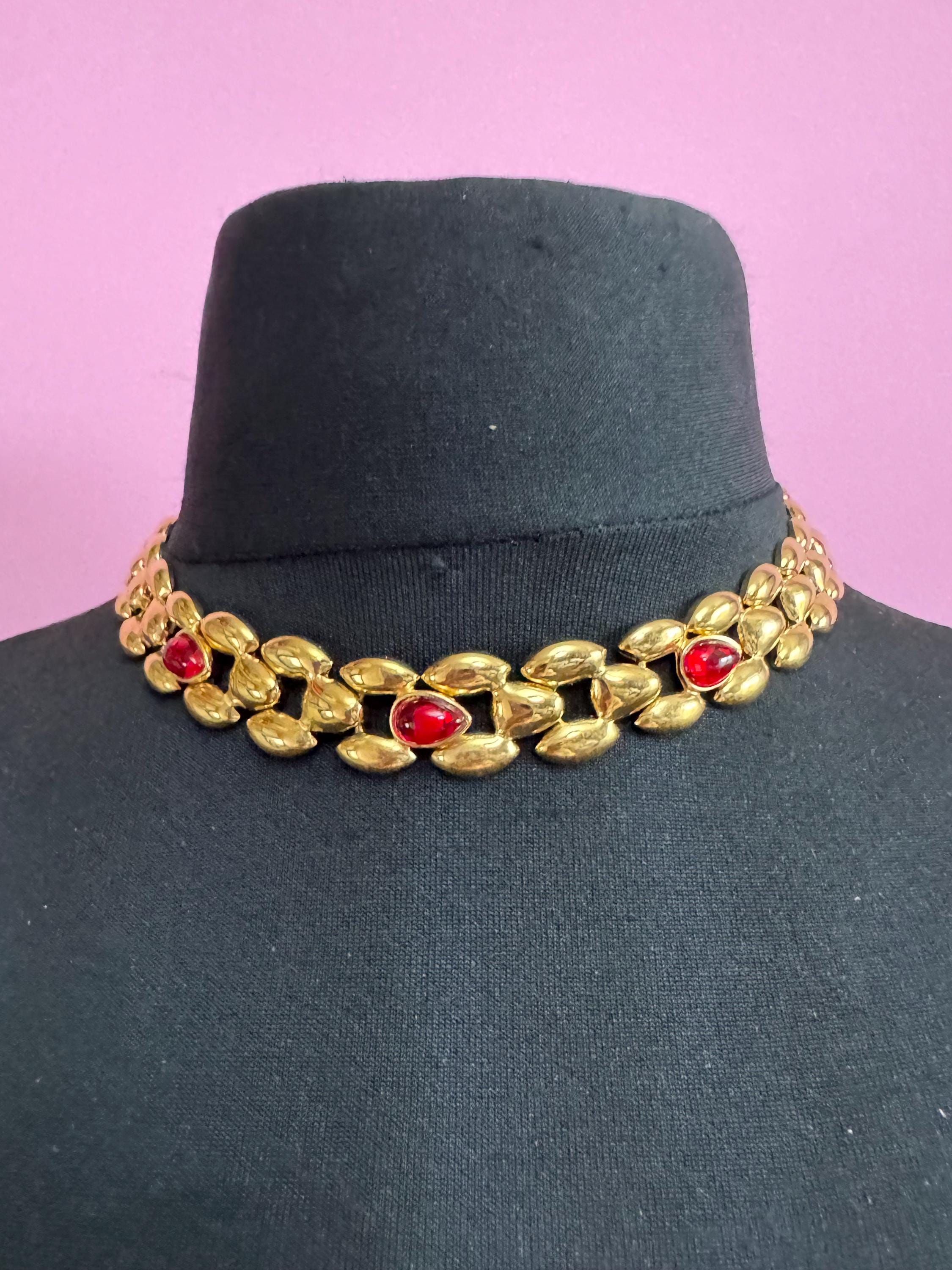 Retro 1980s Ruby red cabochon panther link necklace and clip on earrings, jewellery set