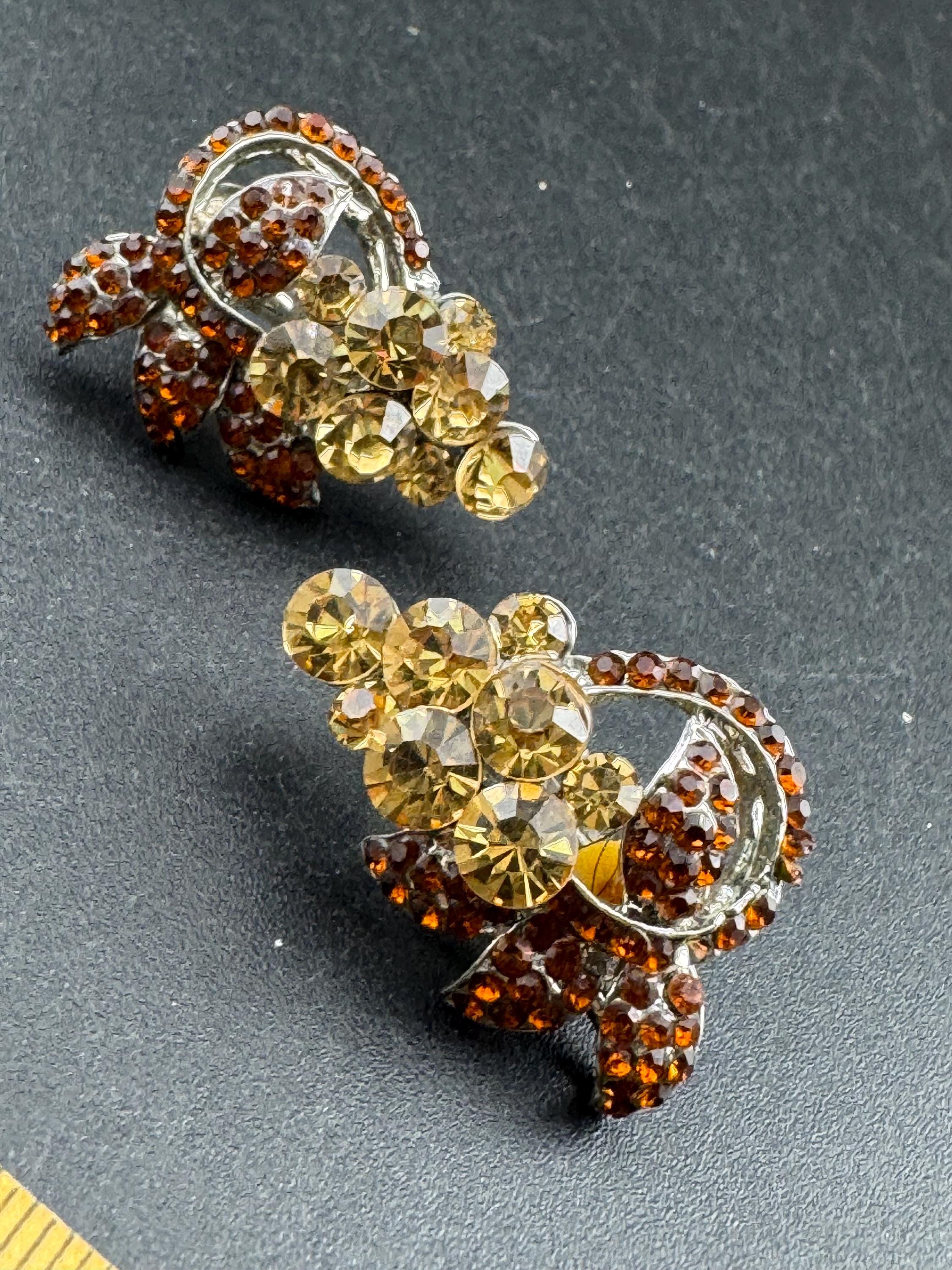 Vintage rhinestone grape clip on earrings, brown cognac and citrine orange glass